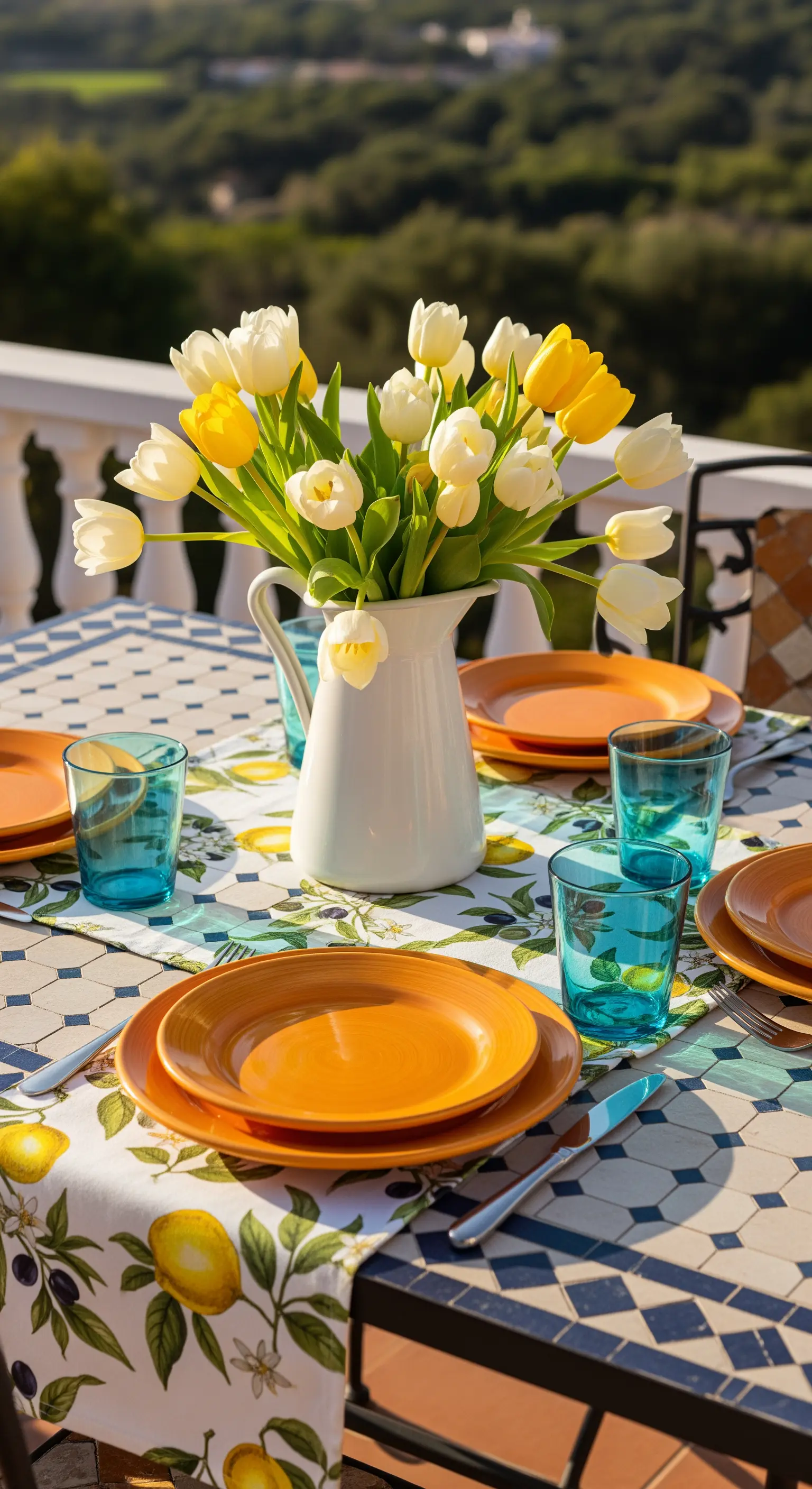 Tavola su una terrazza mediterranea con runner a limoni, piatti arancio e bicchieri turchesi.