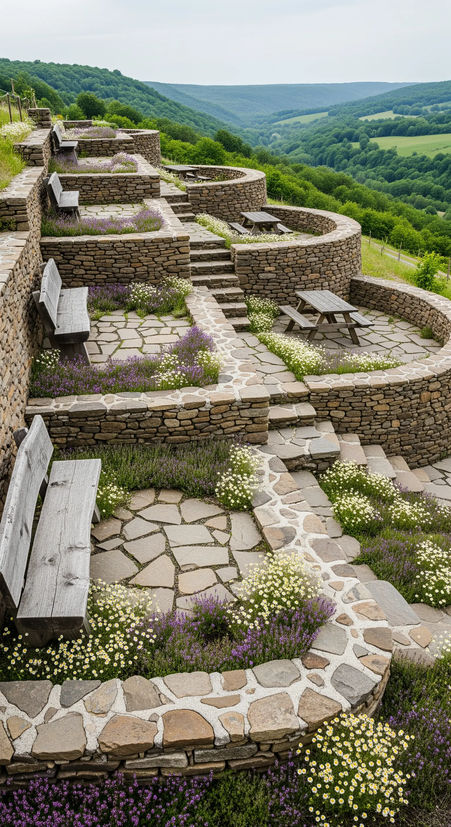 Giardino terrazzato con muretti a secco, panche in legno e aiuole di lavanda.