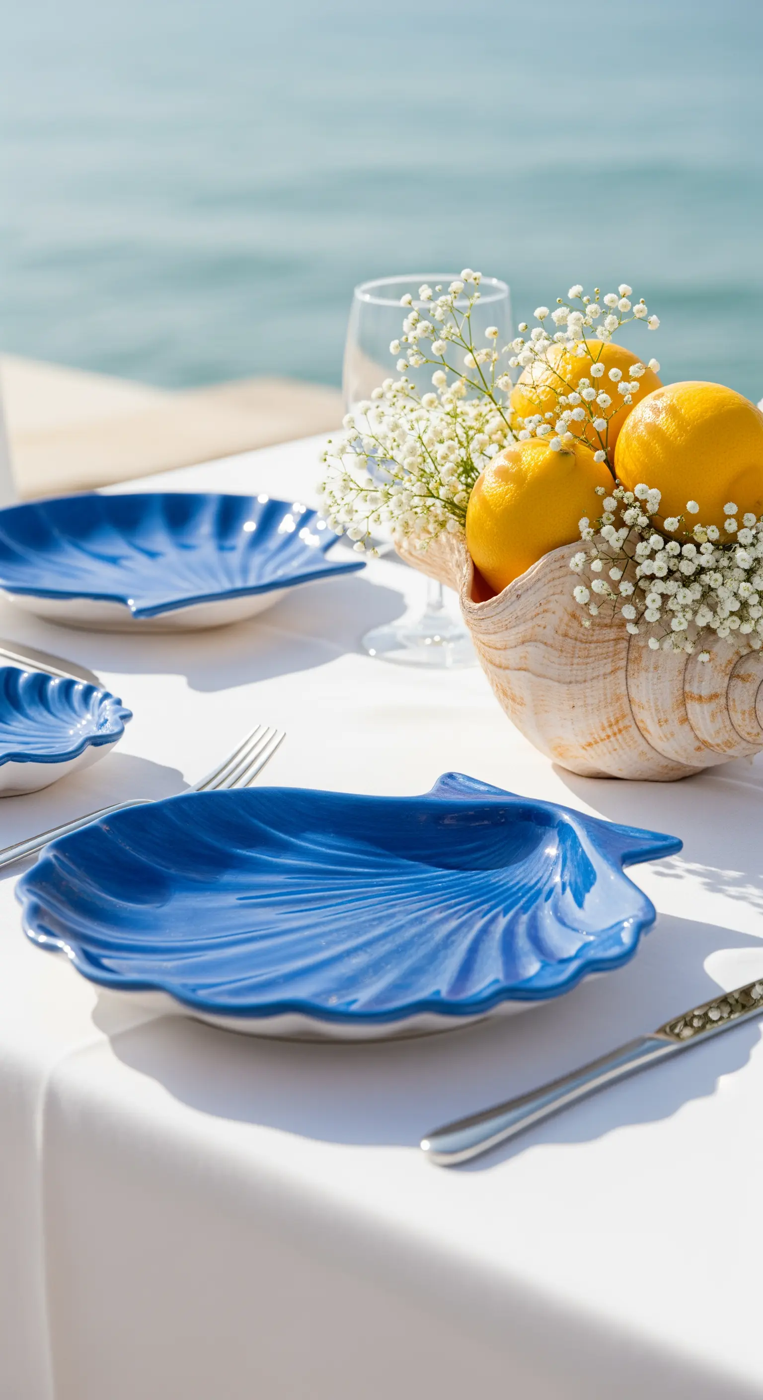 Tavola vista mare con piatti blu a forma di conchiglia e centrotavola in una conchiglia vera.