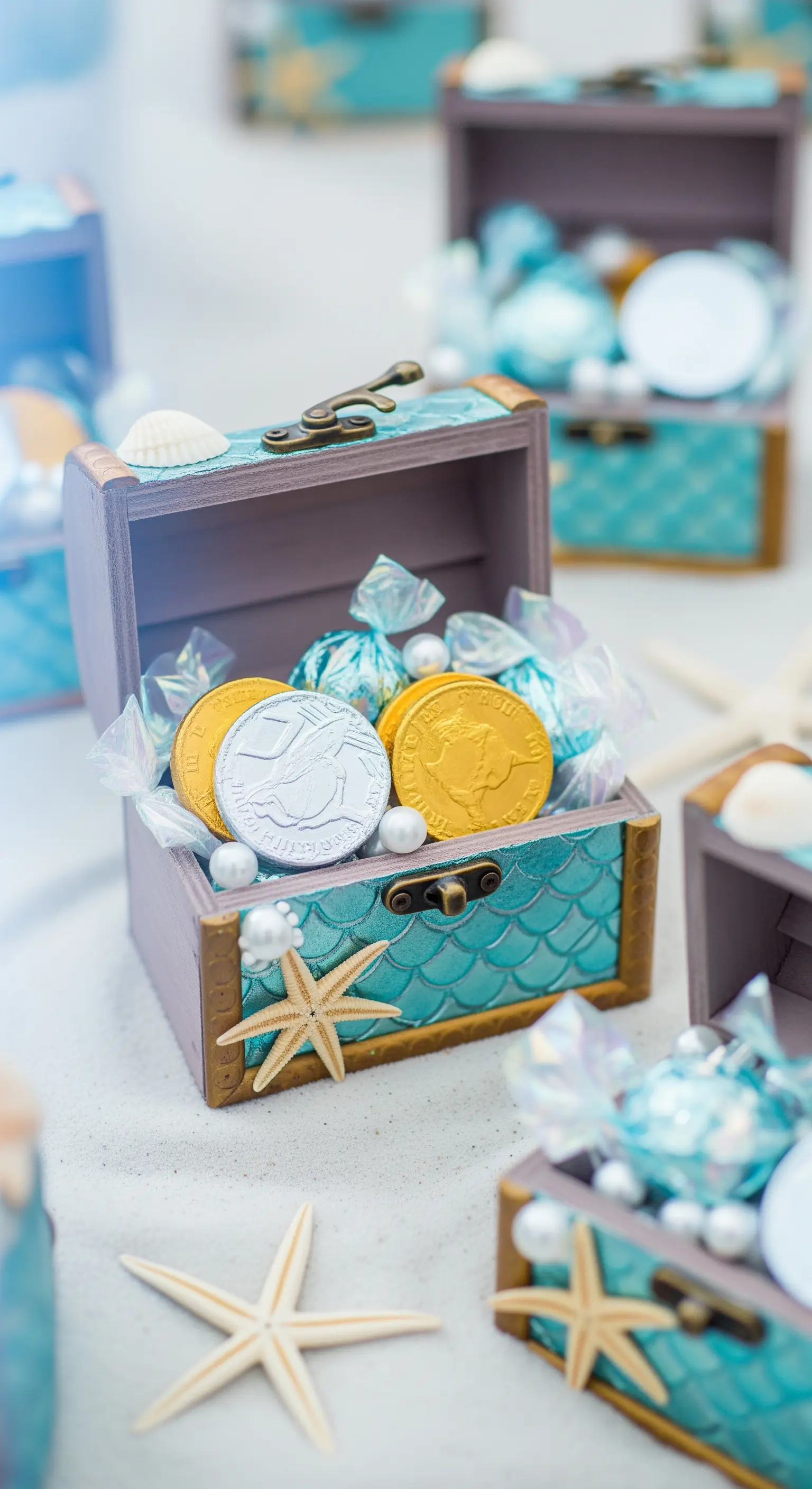 Piccoli scrigni del tesoro a tema sirena pieni di monete di cioccolato e caramelle.