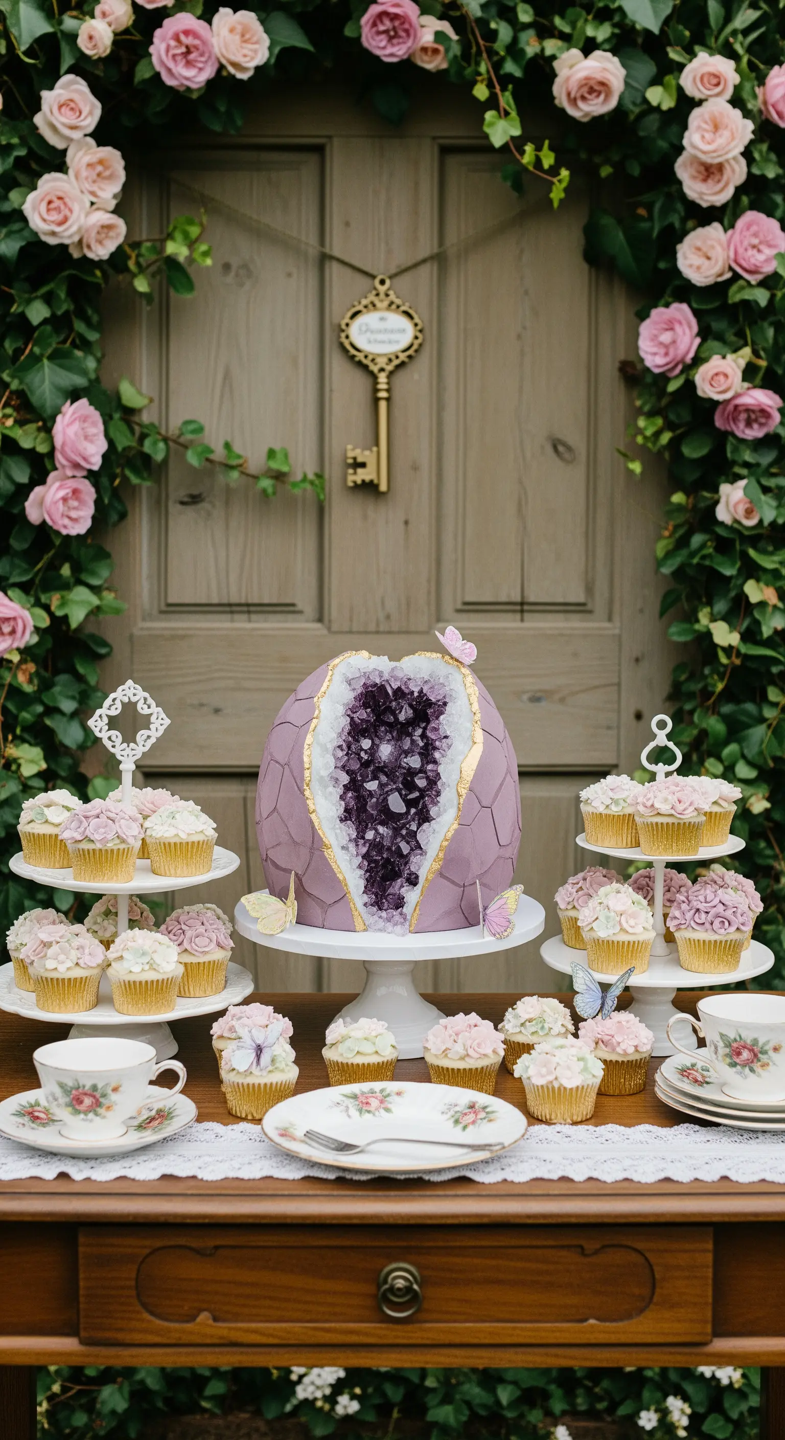 Torta a forma di geode di ametista, circondata da cupcake floreali e una cornice di rose
