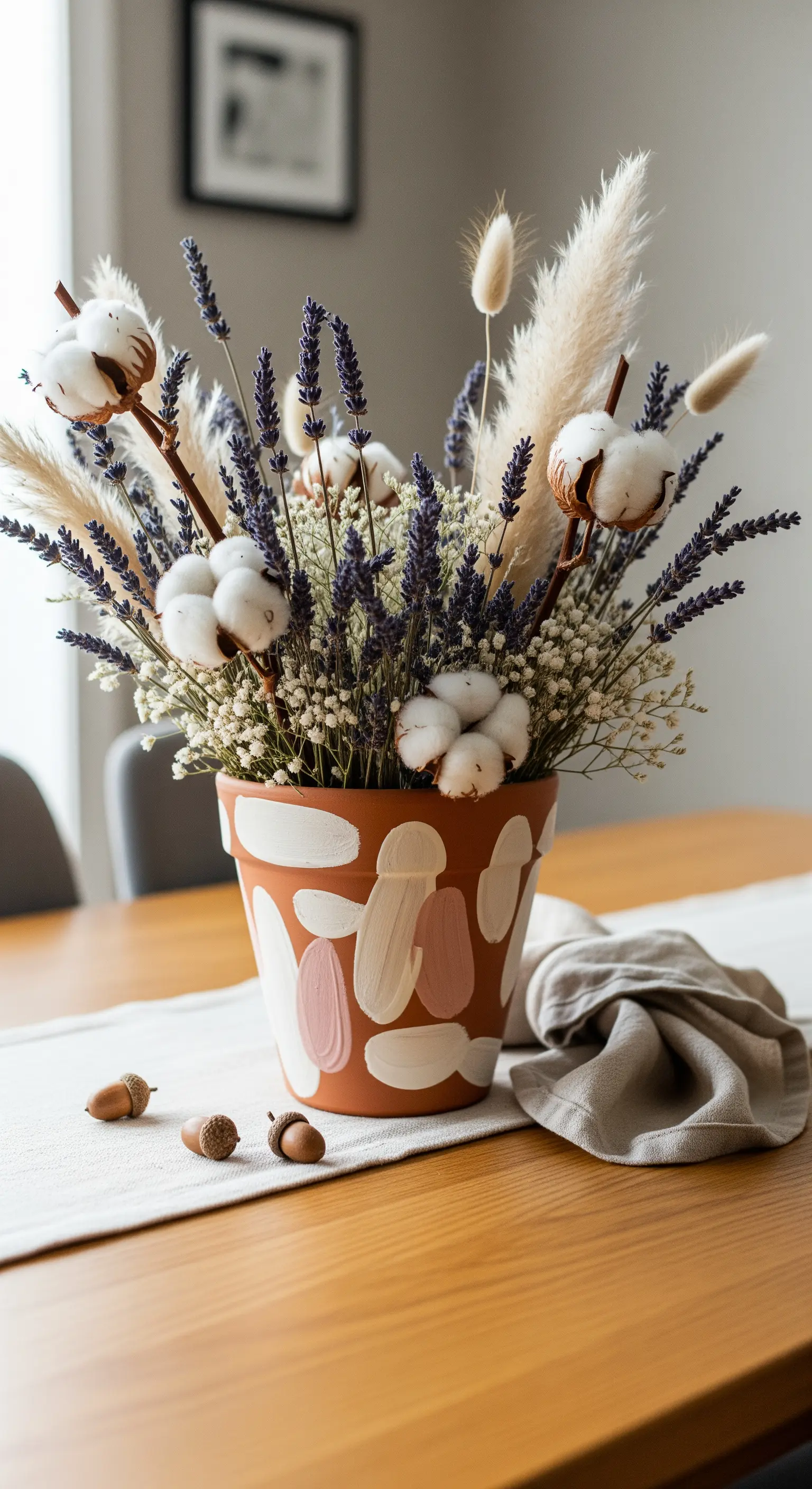 Vaso di terracotta dipinto a mano con lavanda, cotone e graminacee secche.
