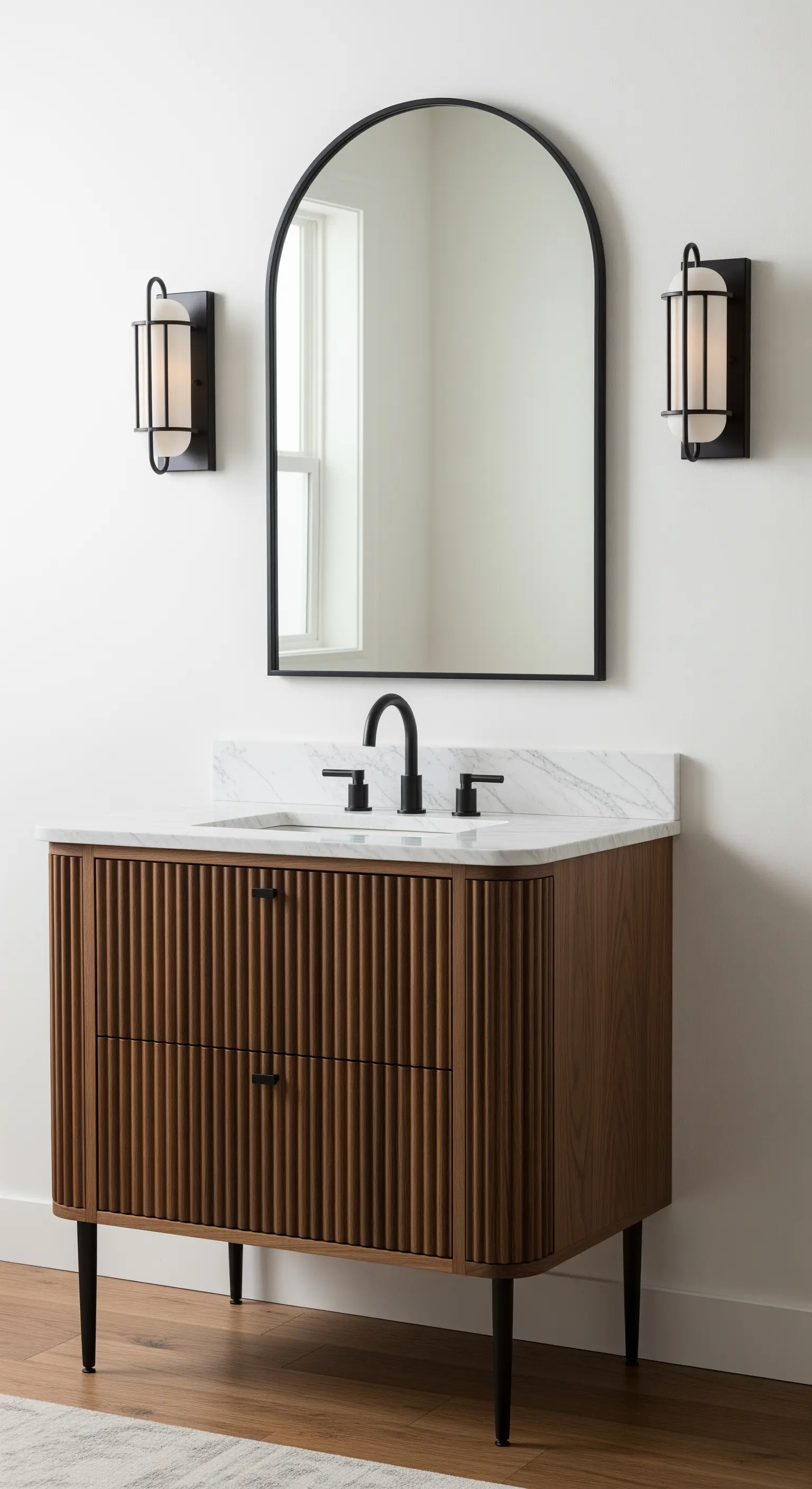Mobile bagno con frontale in legno cannettato, top in marmo e specchio ad arco.