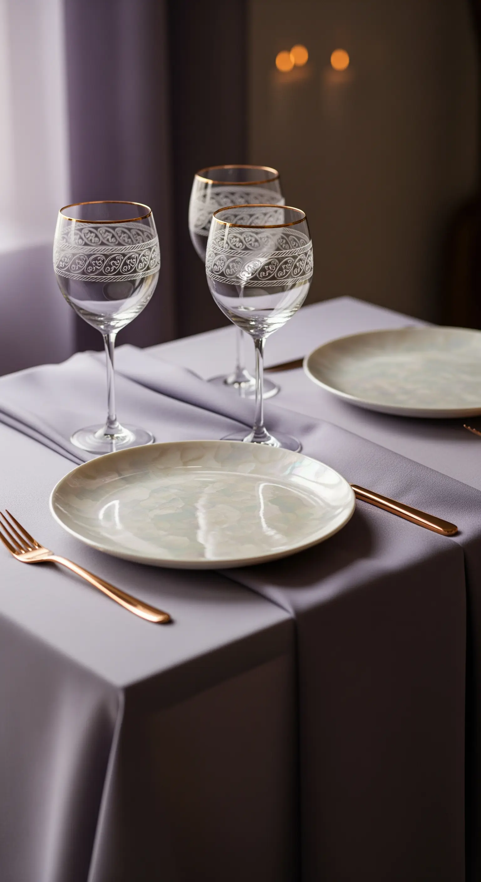 Tavola elegante con tovaglia lilla, piatti iridescenti e calici con incisioni e bordo dorato