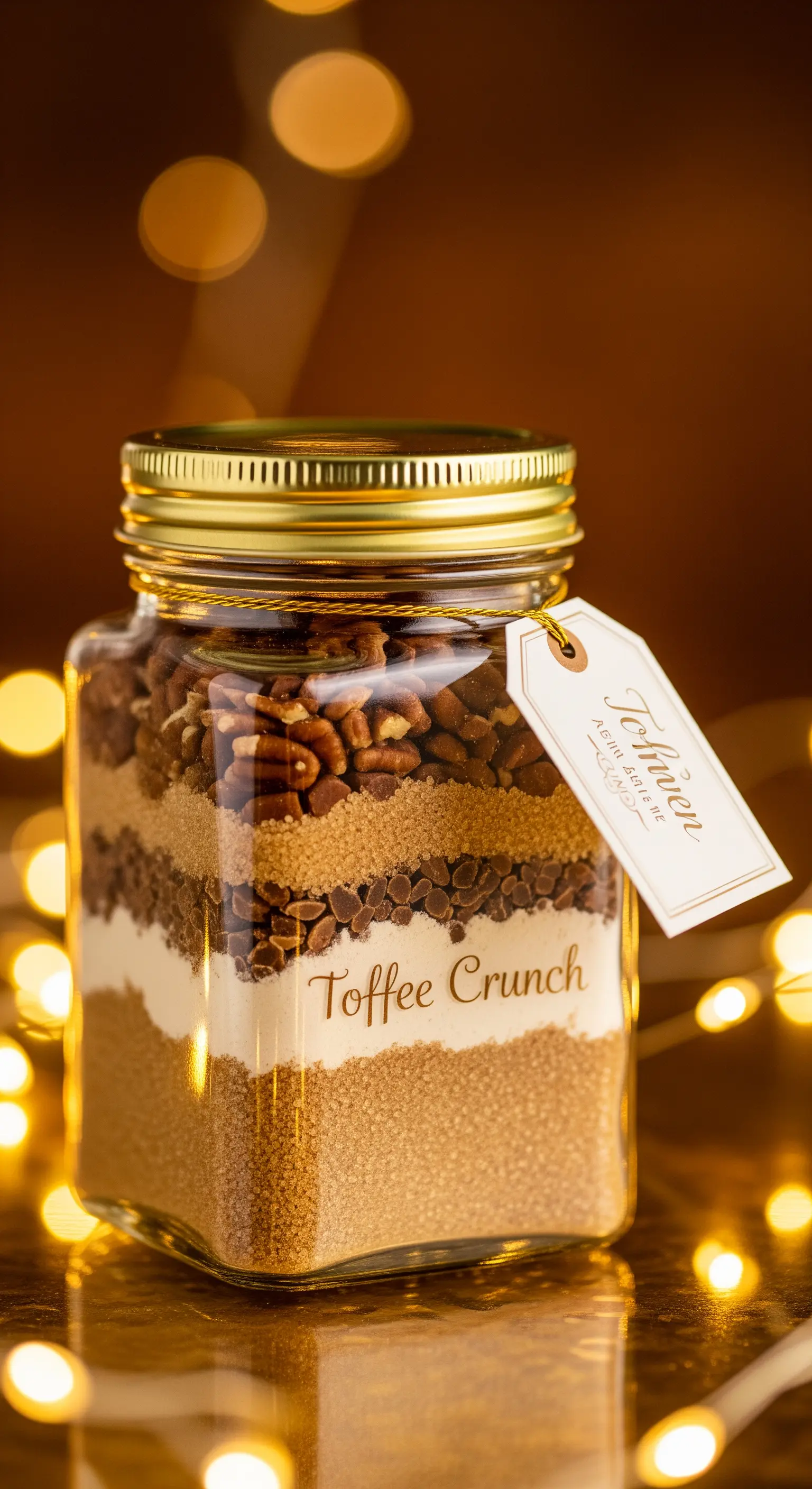 Barattolo quadrato di preparato per biscotti Toffee Crunch con tappo dorato e luci sullo sfondo.