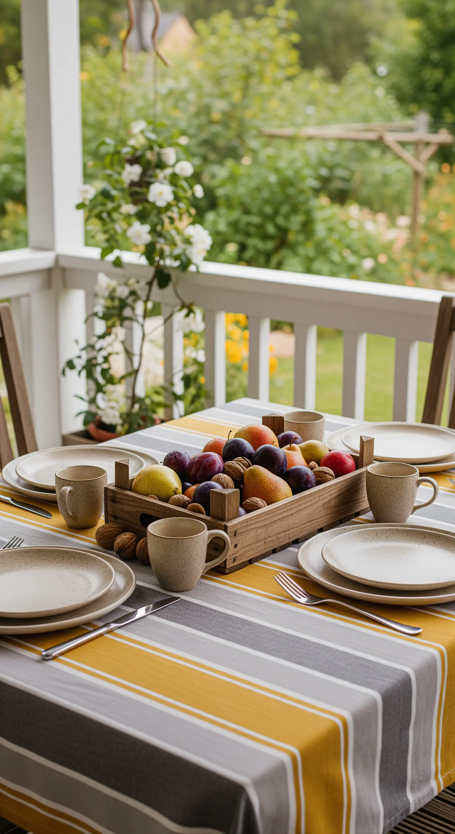 Tavola in veranda con tovaglia a righe gialle e grigie e un cesto di frutta e noci.