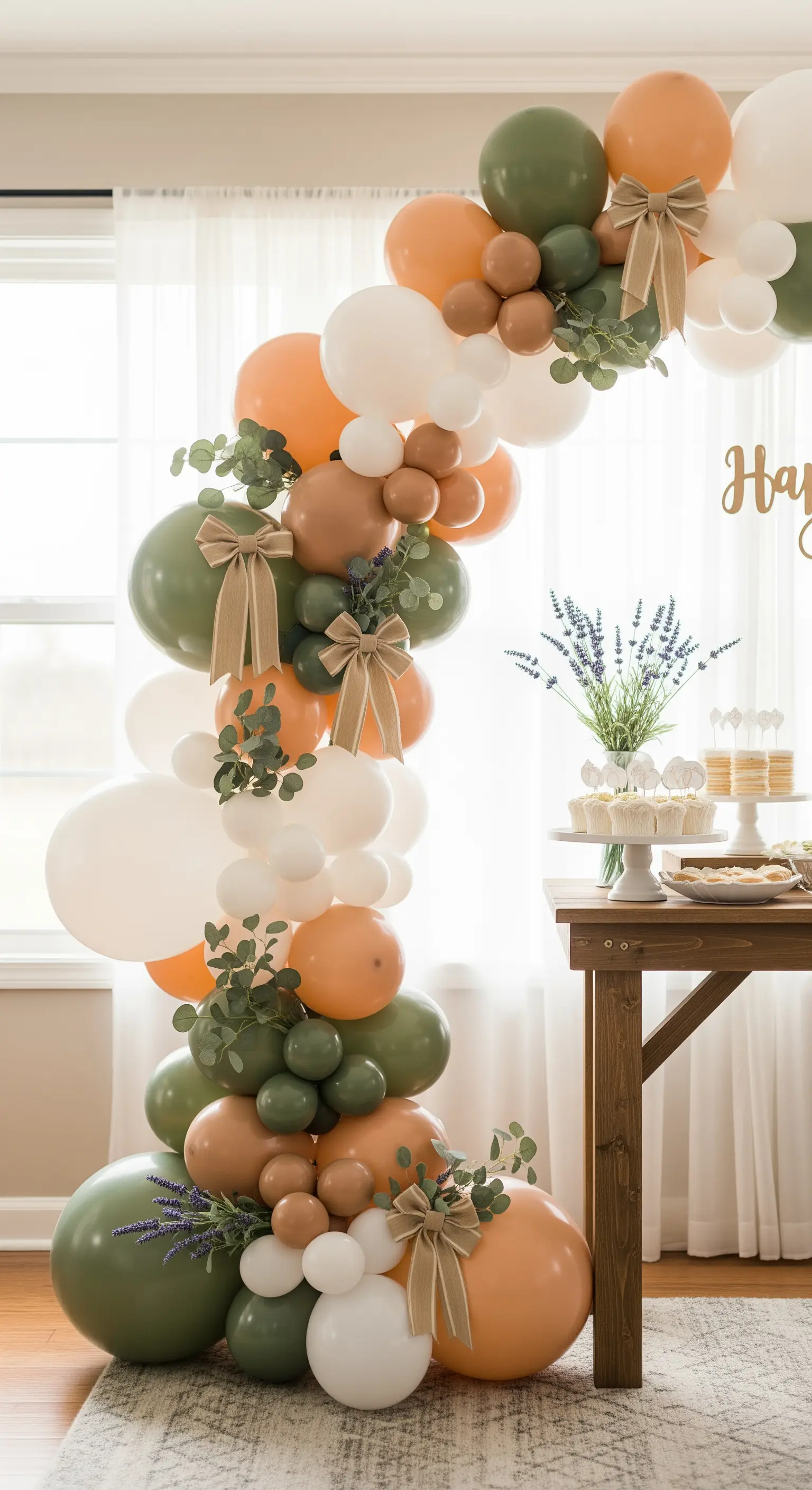 Arco di palloncini in verde salvia, arancione e bianco, decorato con eucalipto e fiocchi di lino.