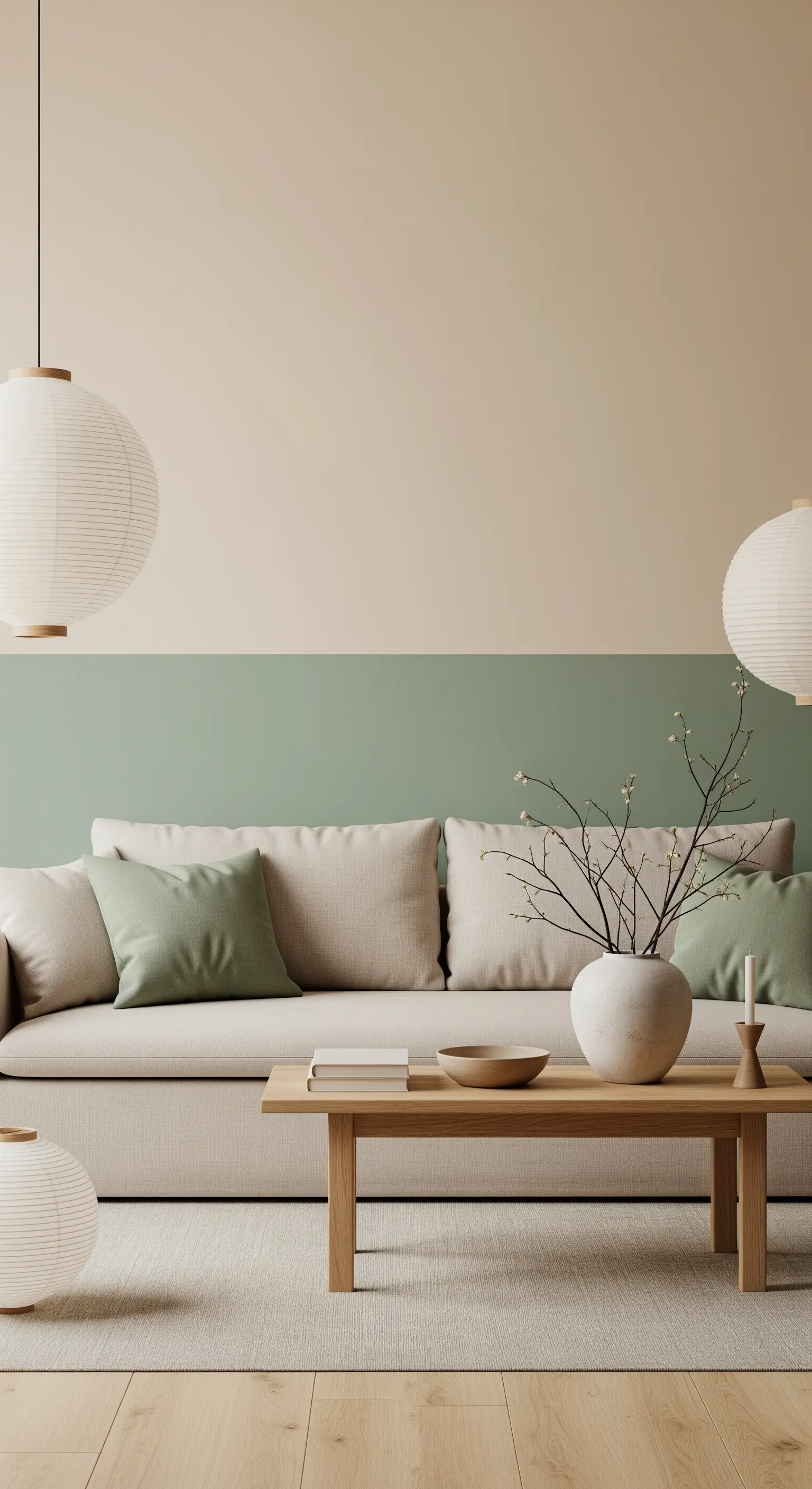 Salotto in stile Japandi con mezza parete verde salvia e beige e divano neutro.