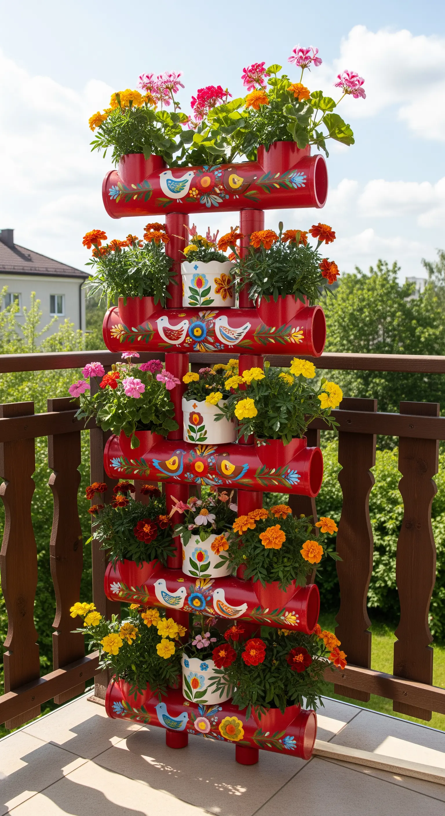Fioriera verticale rossa con fiori e uccelli dipinti a mano in stile folk art.