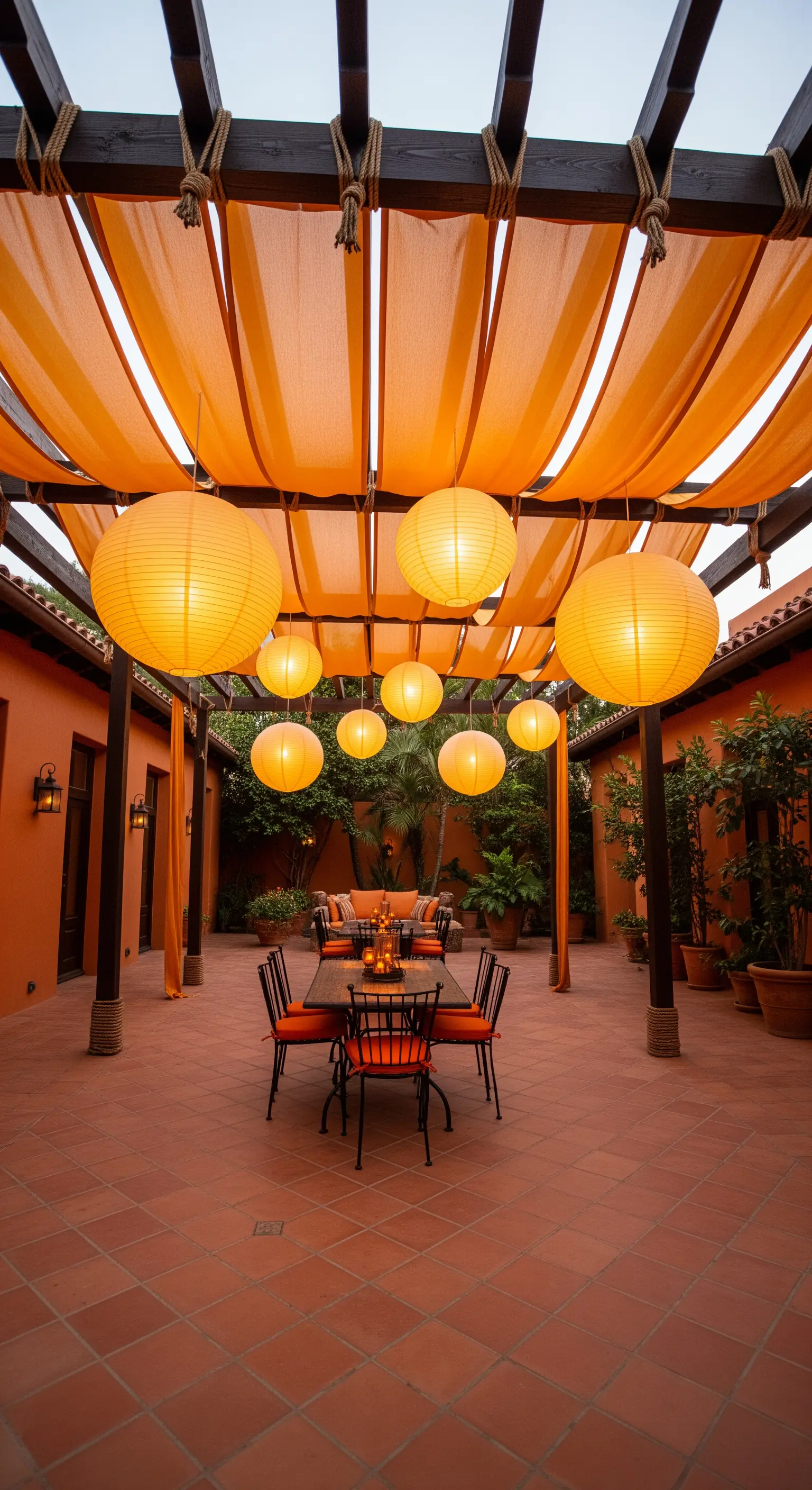 Patio con pergolato coperto da teli arancioni e grandi lanterne di carta.