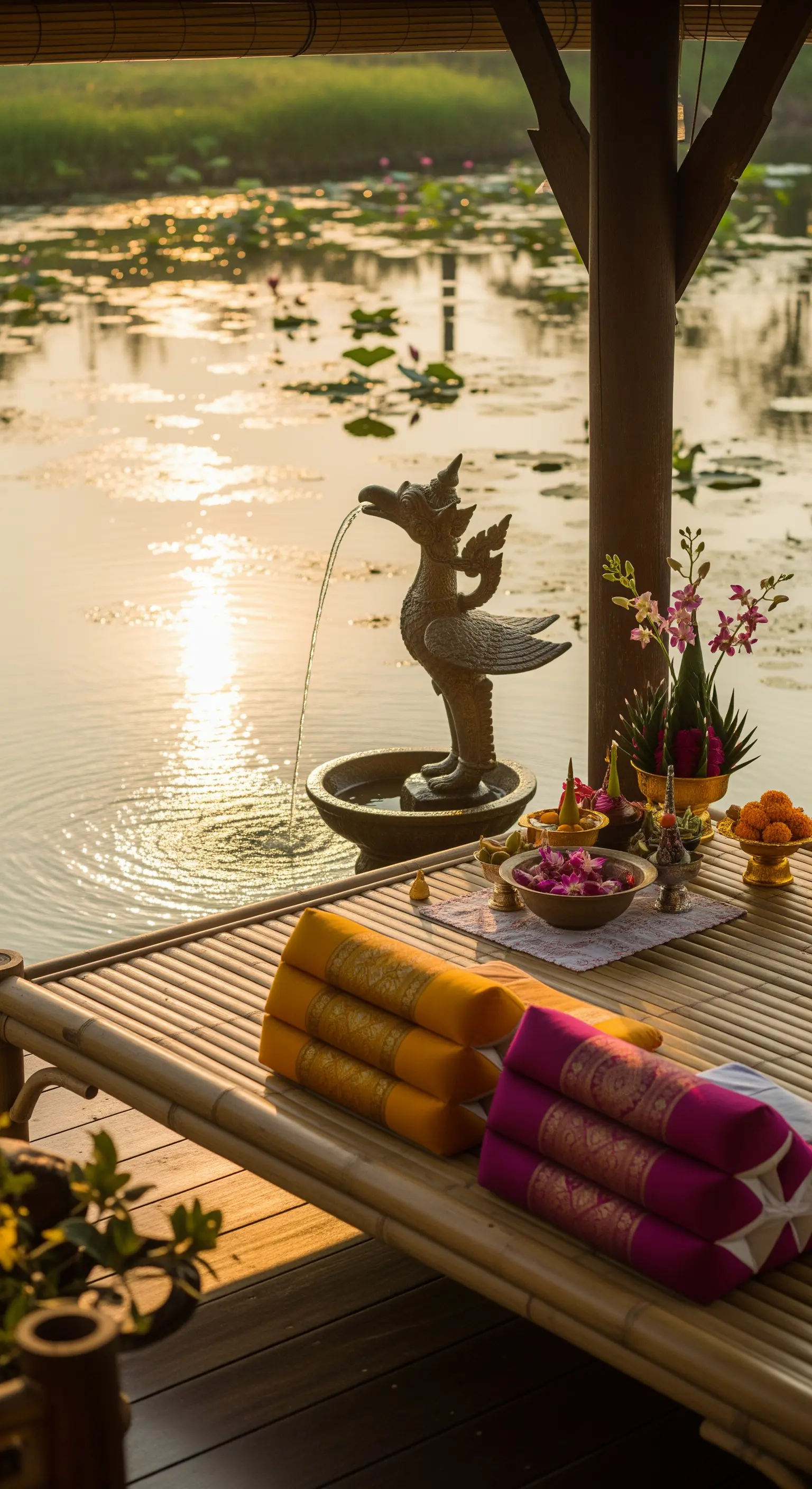 Piattaforma in bambù sul lago al tramonto con fontana a forma di uccello e cuscini thailandesi.