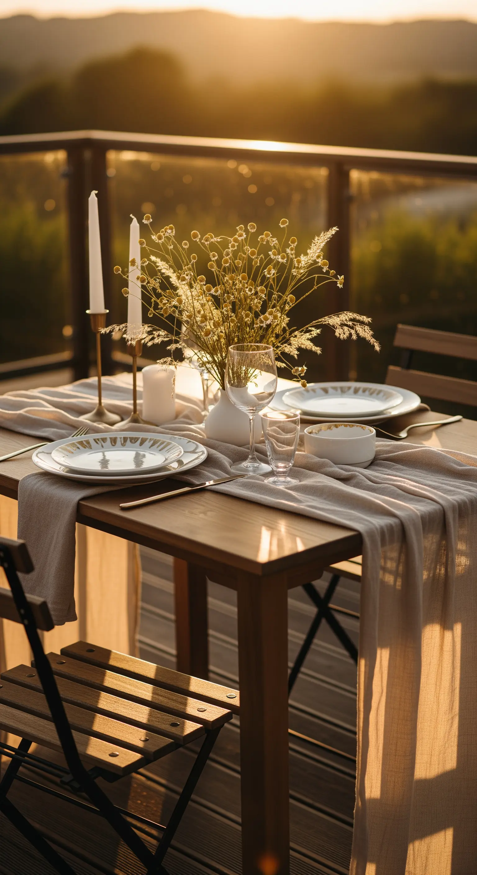 Tavola apparecchiata su una terrazza al tramonto, con fiori di campo e candele accese.