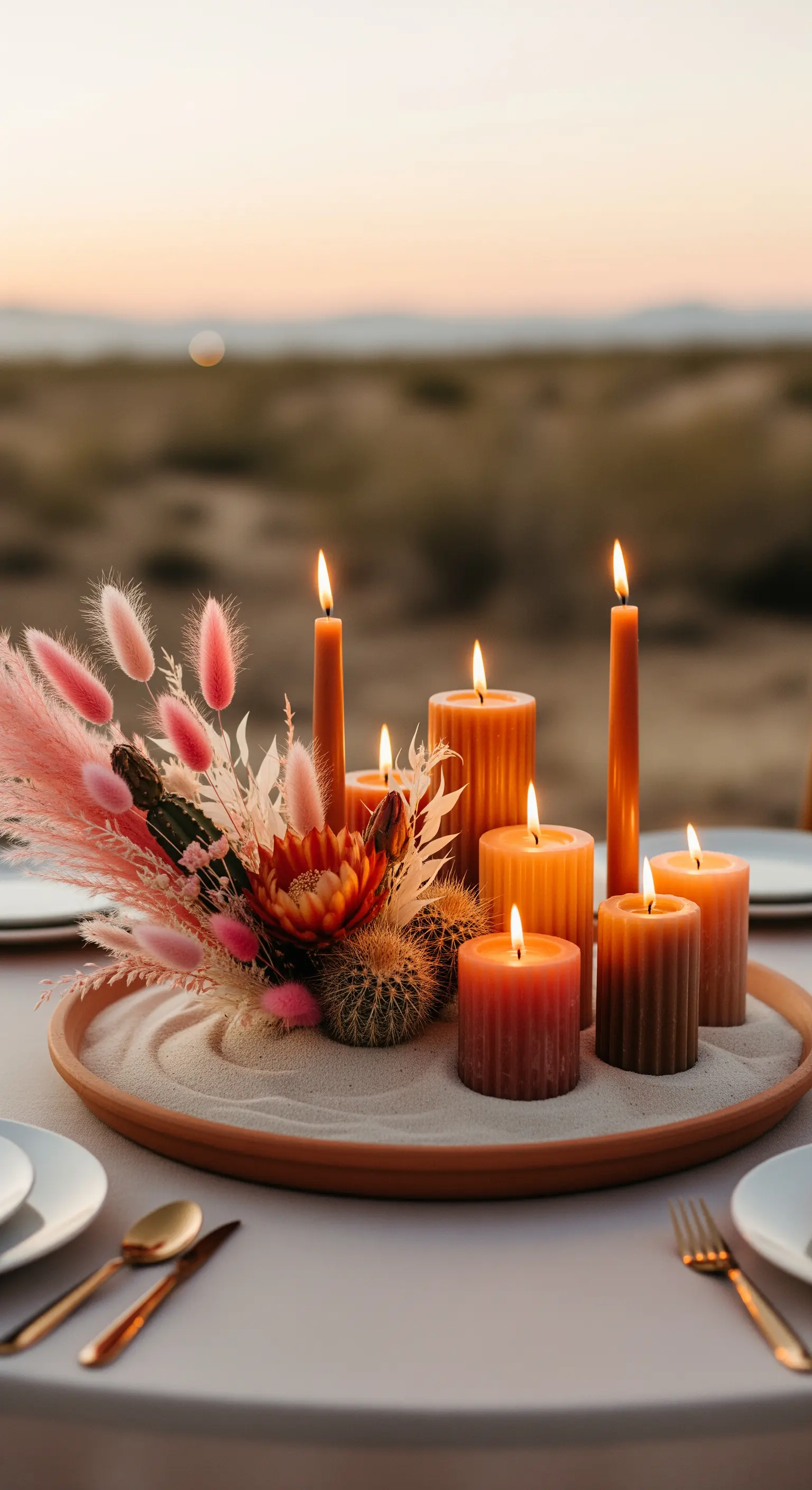 Vassoio con sabbia, candele arancioni, cactus e fiori secchi rosa per un'estetica desert-chic.