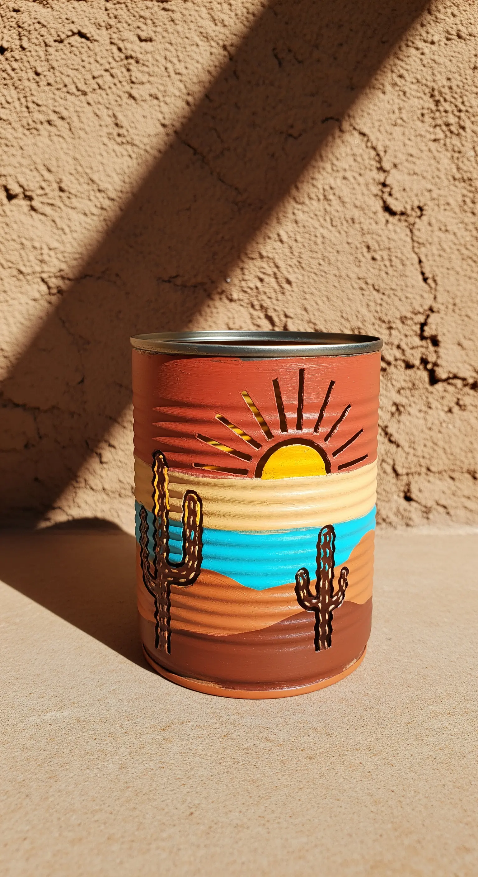 Portacandela dipinto con i colori del deserto e traforato con cactus e un sole.