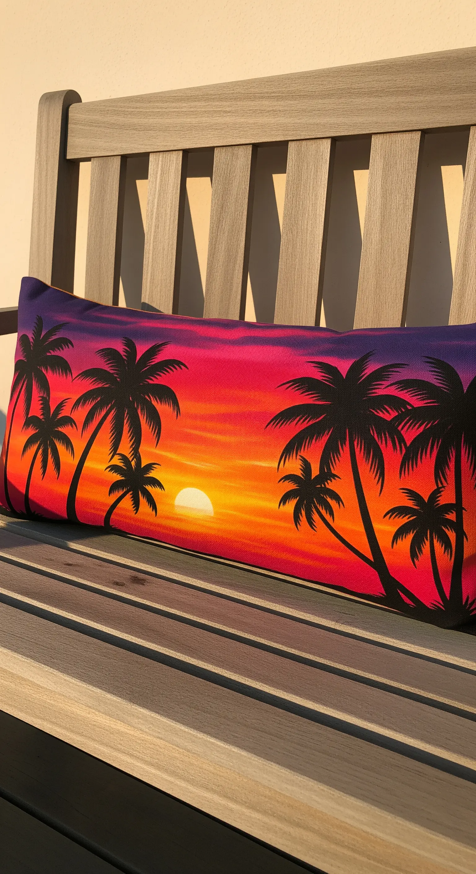 Cuscino rettangolare con un tramonto tropicale dipinto e silhouette di palme nere.
