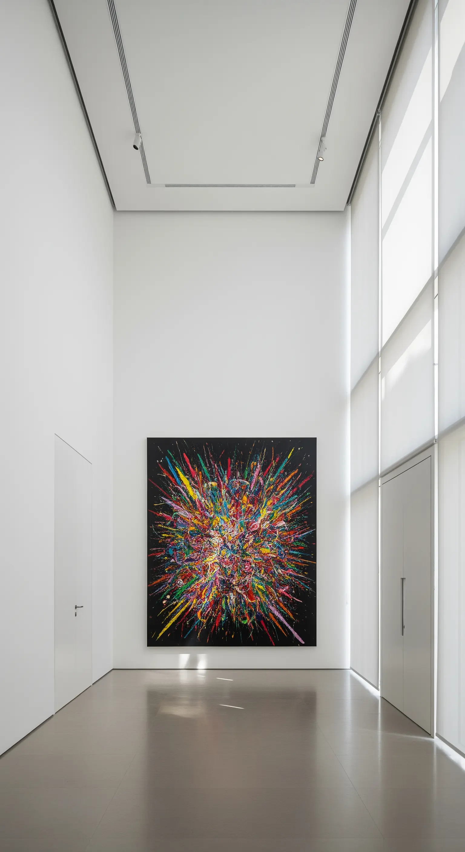 Ingresso a doppia altezza tipo galleria d'arte con un'enorme tela astratta e tende a rullo.