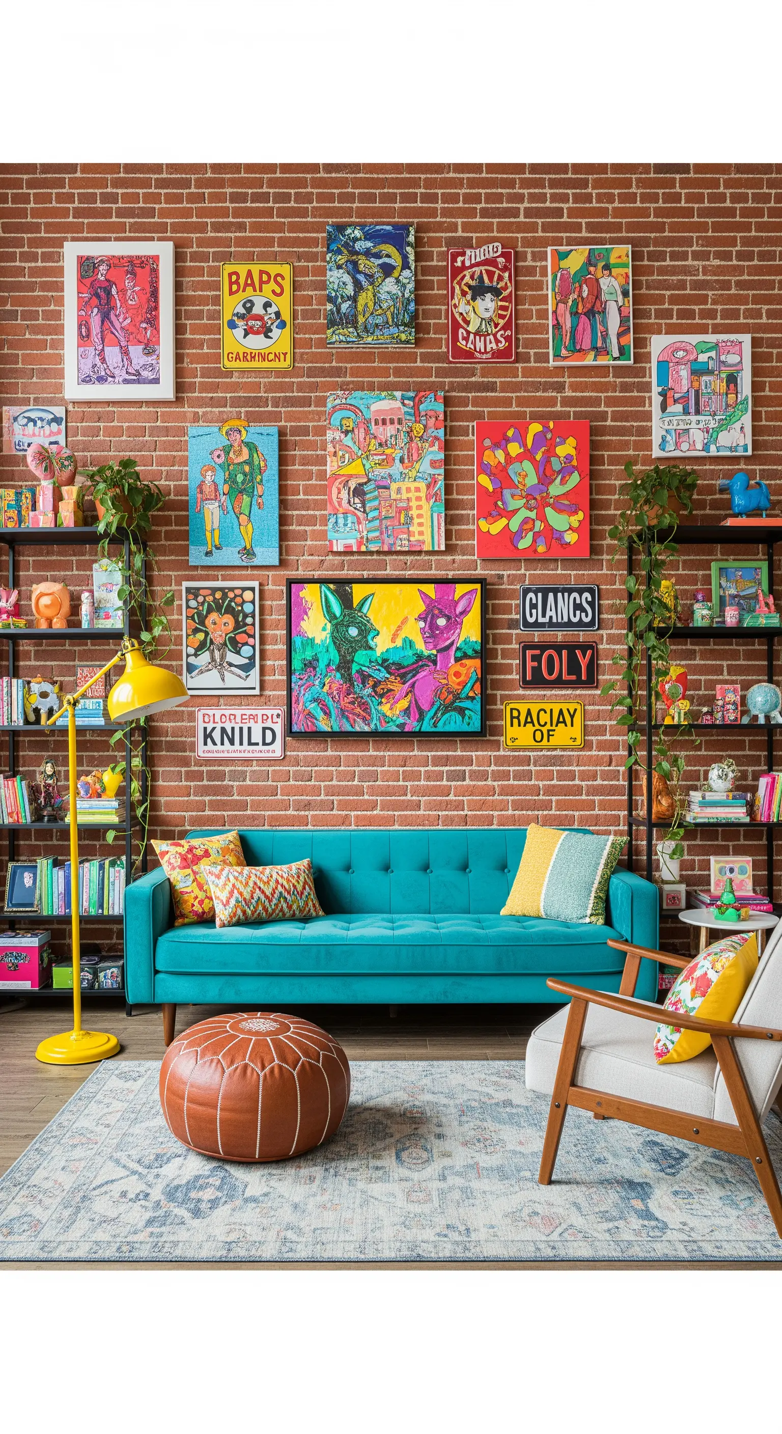 Parete di mattoni rossi decorata con una colorata gallery wall sopra un divano turchese.