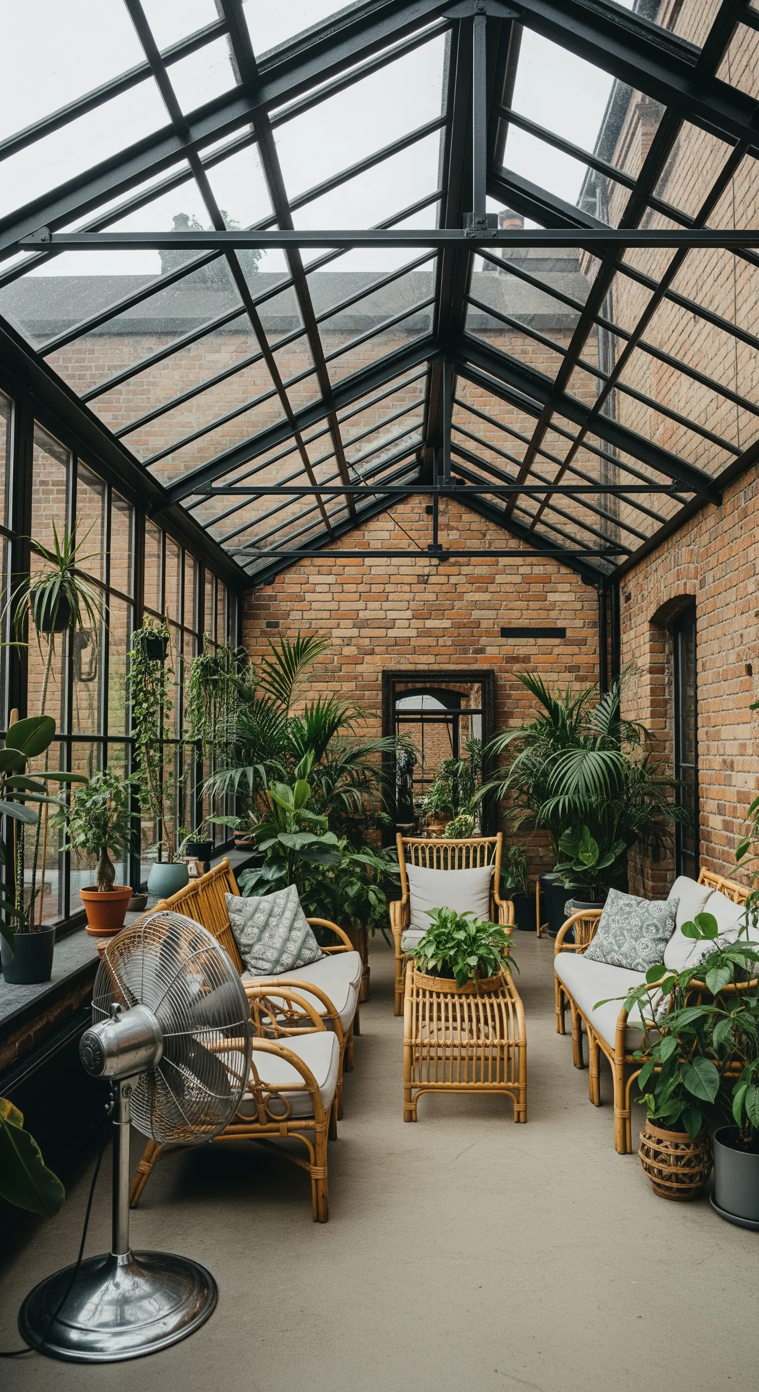 Veranda in stile industriale con struttura in metallo nero, parete di mattoni e mobili in rattan.