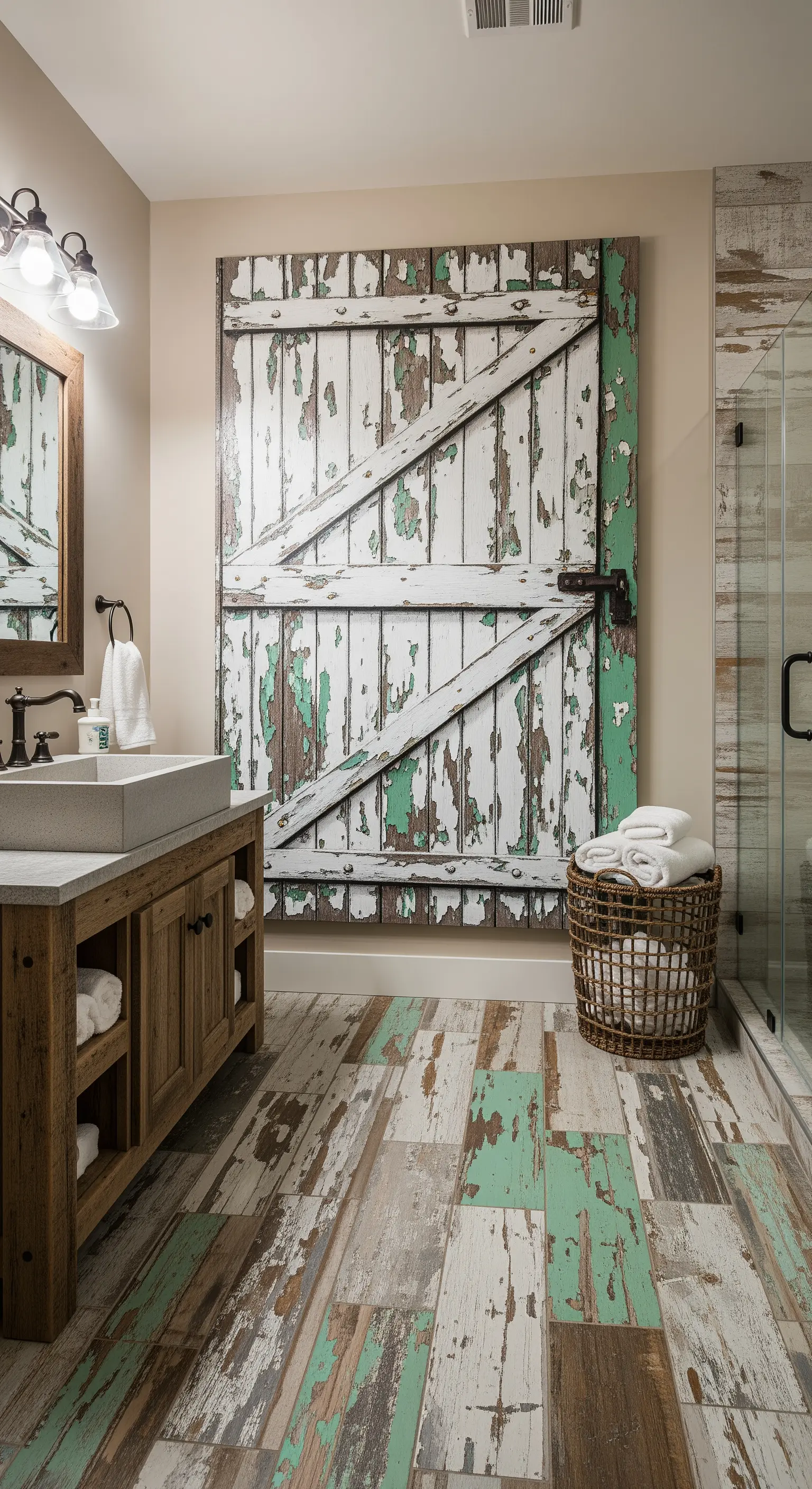 Bagno rustico con una vecchia porta da fienile usata come decorazione murale.