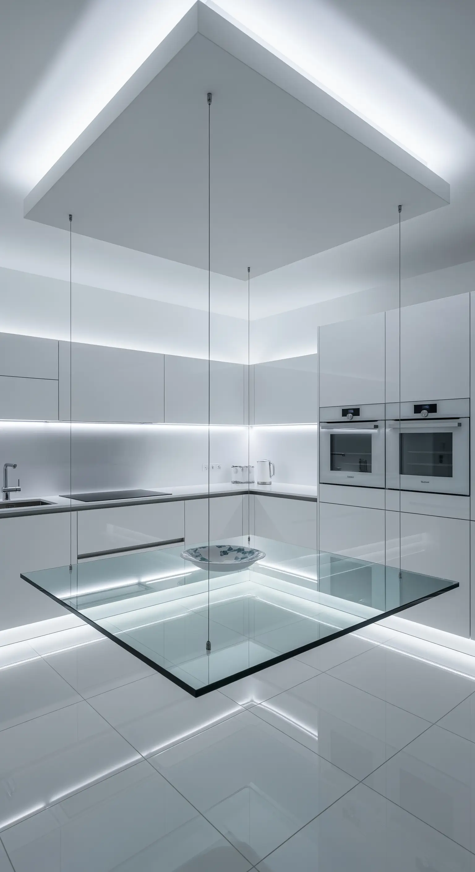 Tavolo quadrato in vetro sospeso con cavi sottili in una cucina futuristica bianca.