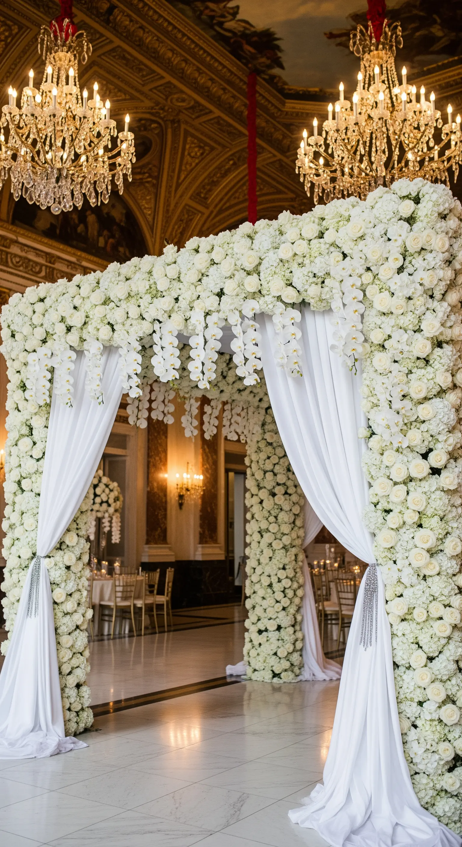 Imponente arco nuziale quadrato, interamente ricoperto di rose bianche, in un salone di lusso.