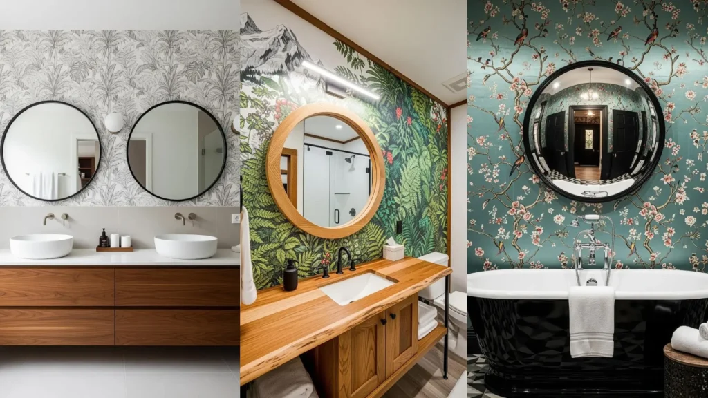 Bagni dal tocco tropicale con carta da parati floreale e grandi specchi rotondi, per un design accogliente e moderno.