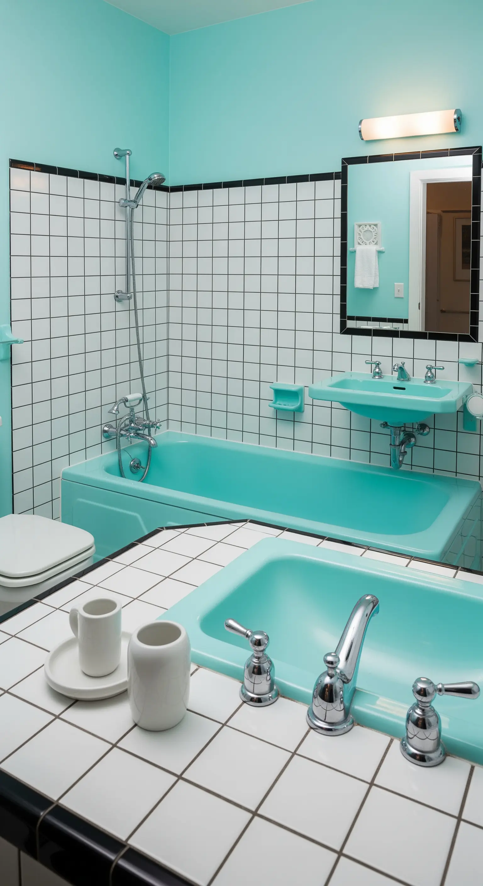 Bagno retrò con vasca e lavabo turchesi, abbinati a piastrelle bianche con fughe nere.