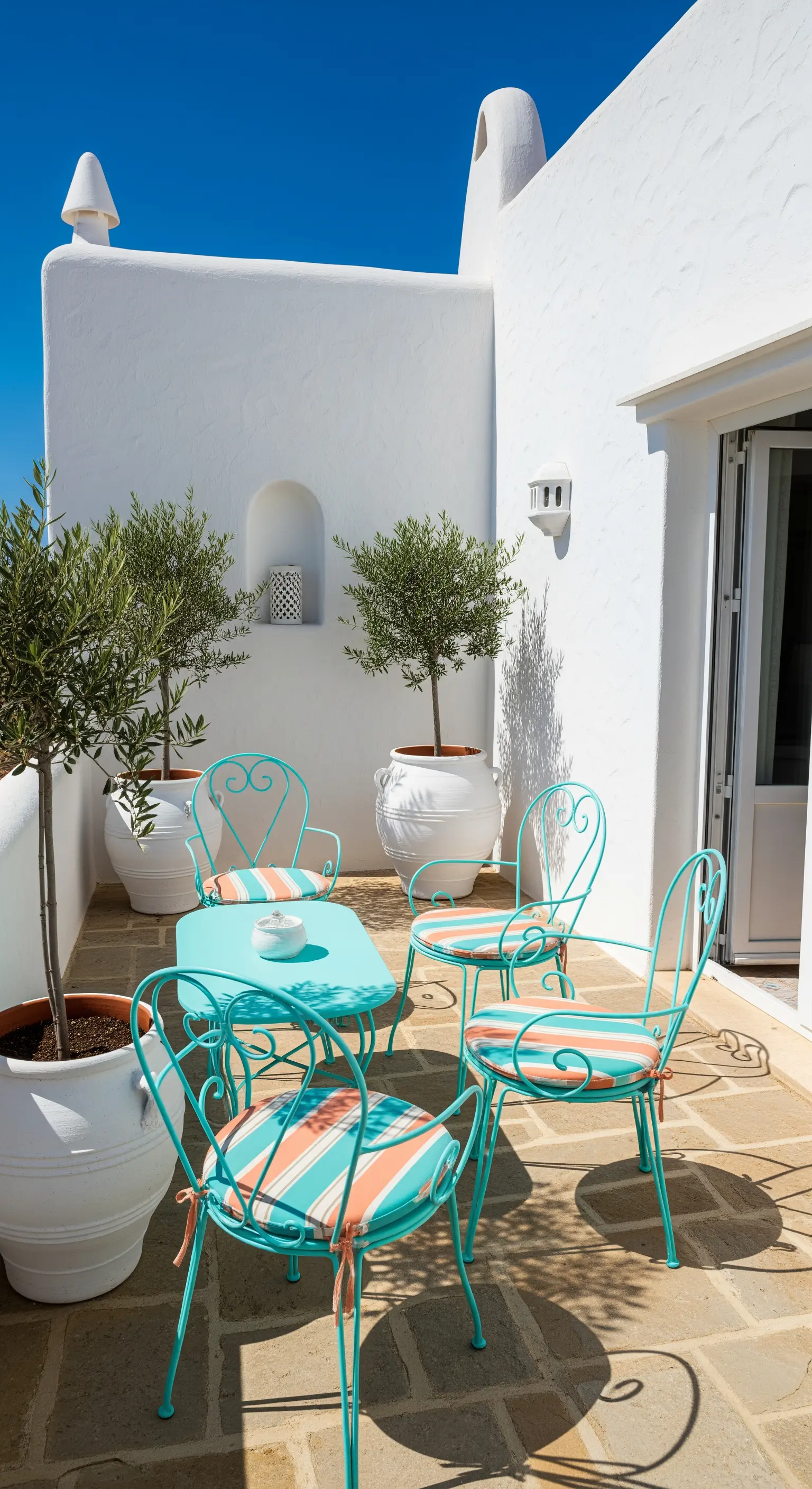 Set da pranzo turchese su un patio bianco con vasi di ulivi.