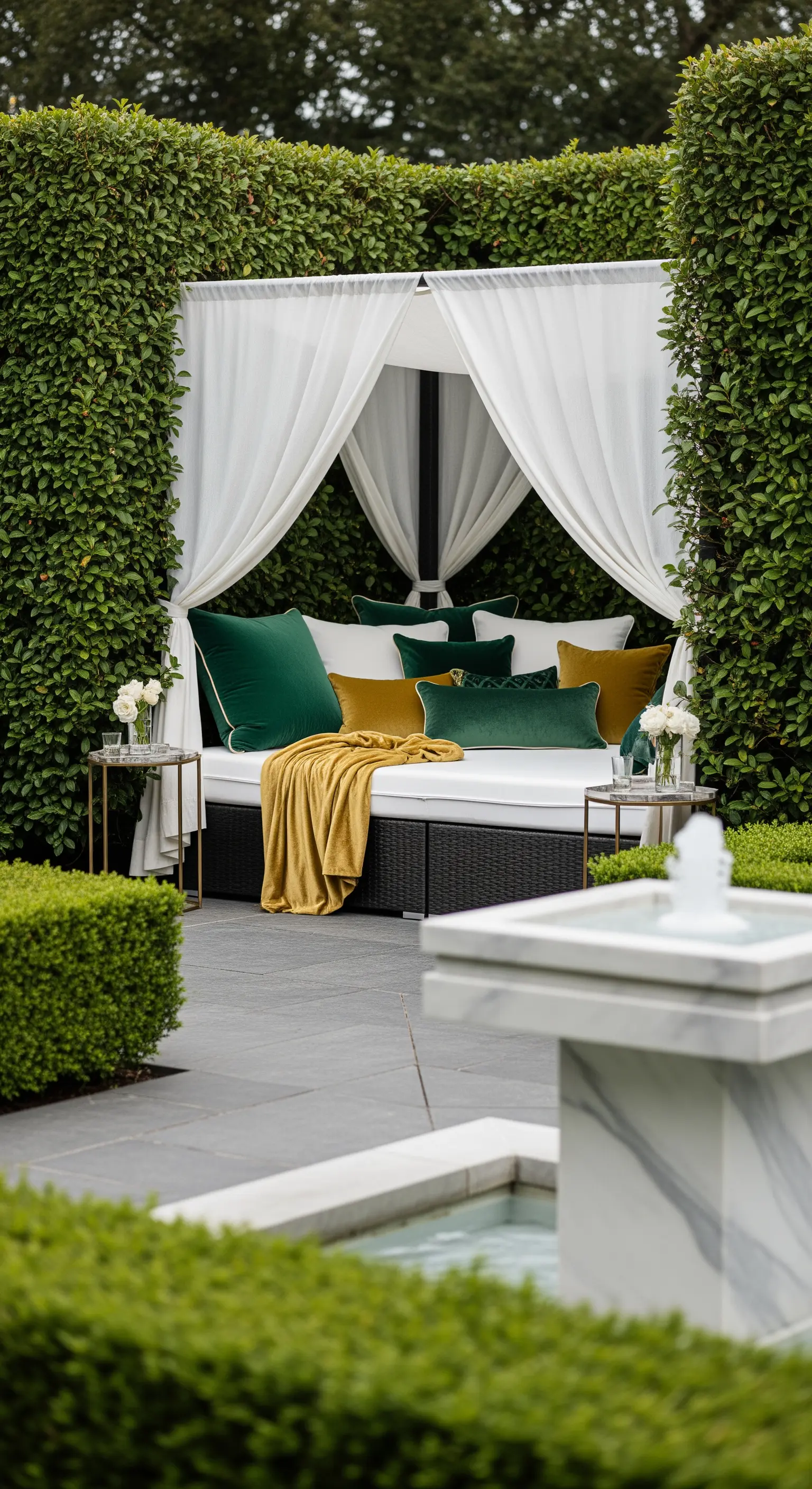 Daybed da esterno con tende bianche, circondato da siepi, con cuscini in velluto verde e ocra