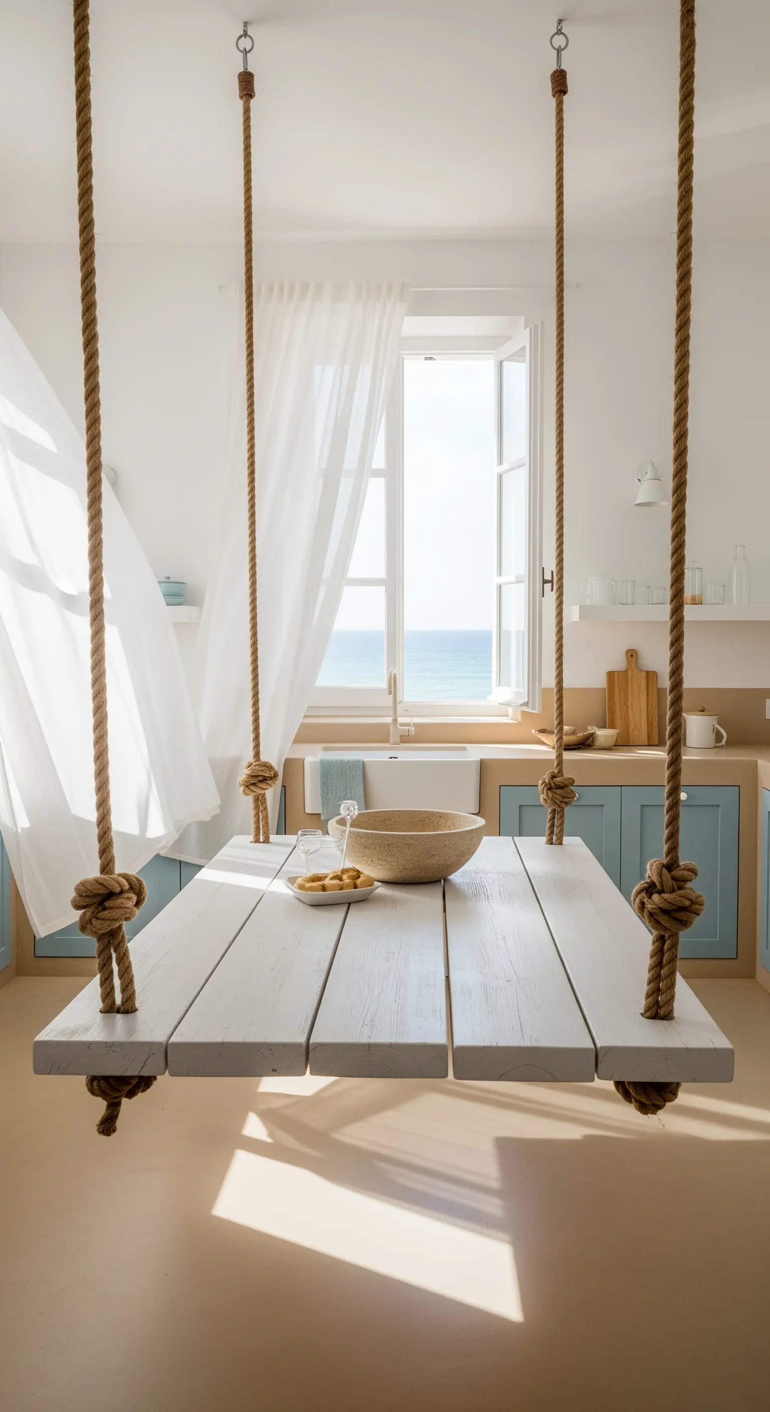 Tavolo da pranzo bianco sospeso con corde e nodi marinari in una cucina vista mare.