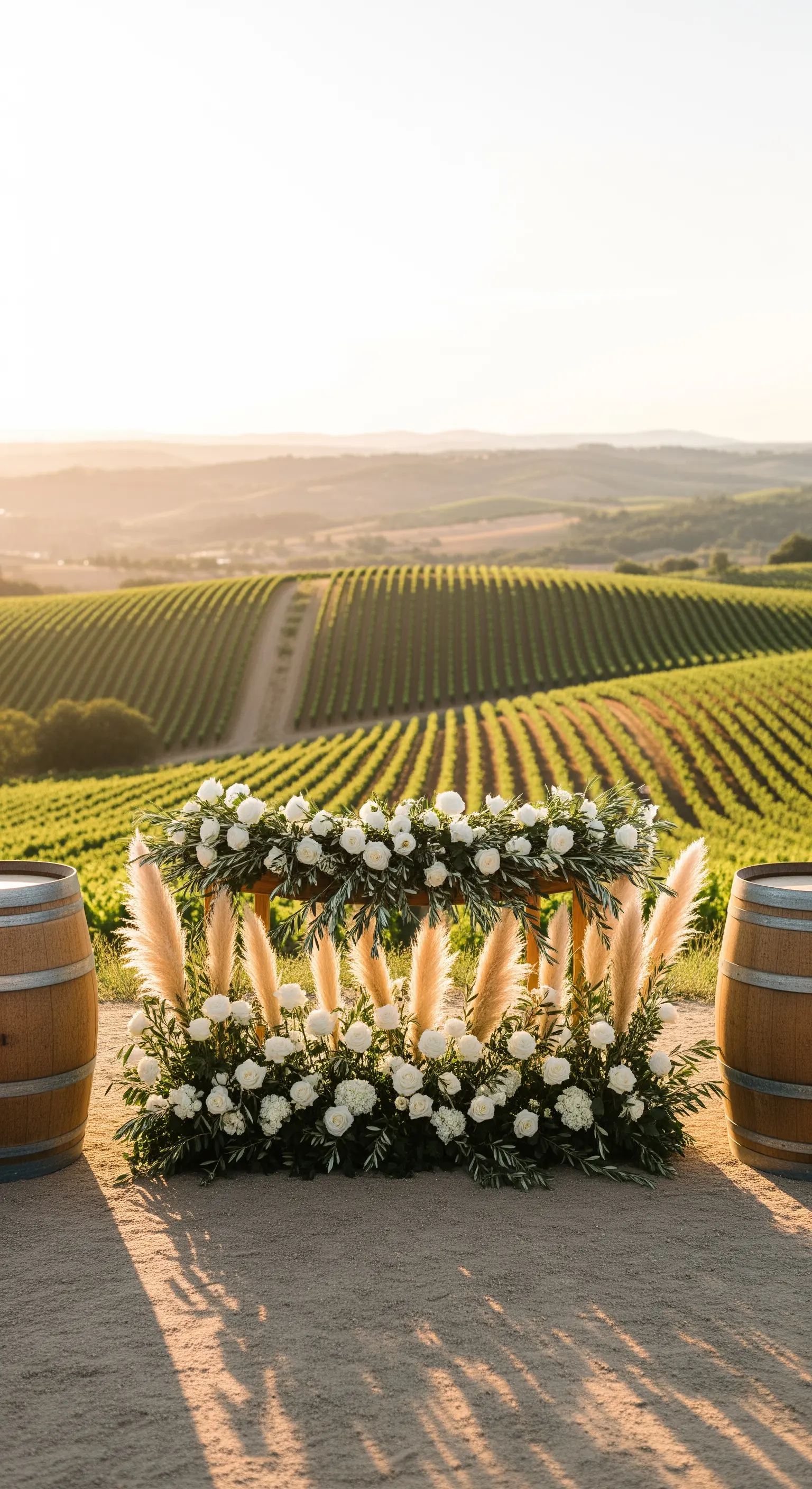 Tavolo-altare in legno decorato con fiori bianchi ed erba della pampas in un vigneto.