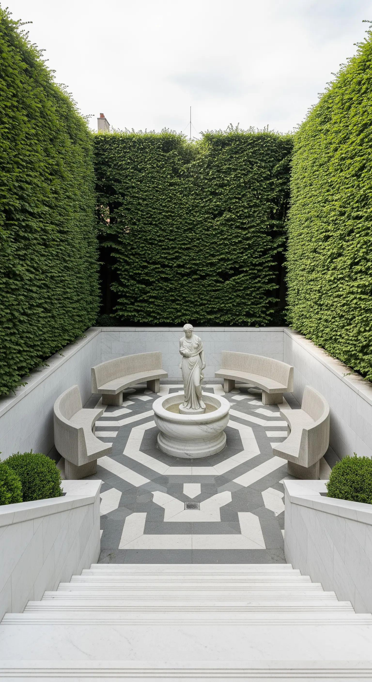 Cortile incassato con pavimento geometrico bianco e grigio, statue e panche in pietra curve
