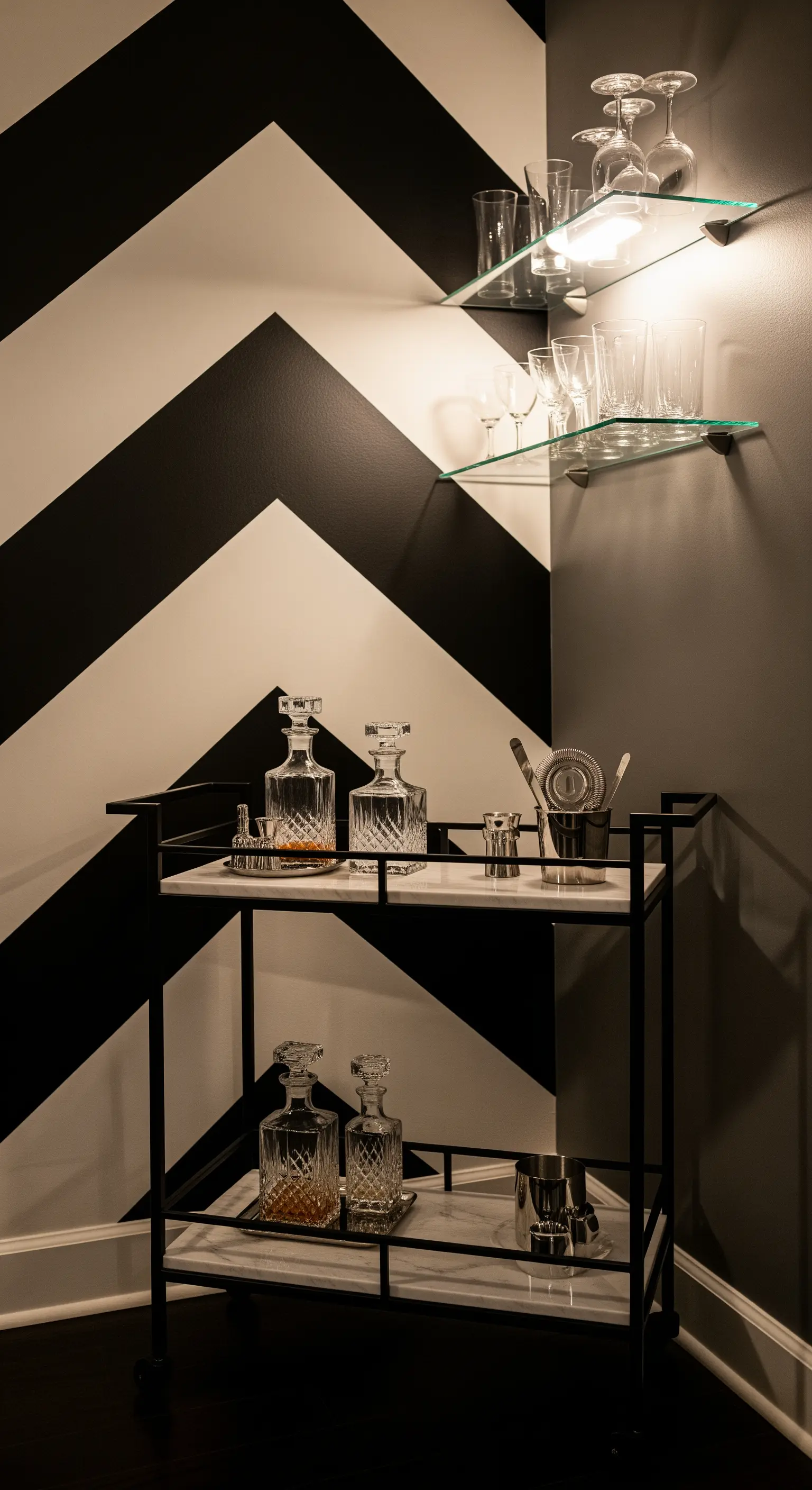 Carrello bar con parete a motivo chevron bianco e nero sullo sfondo.