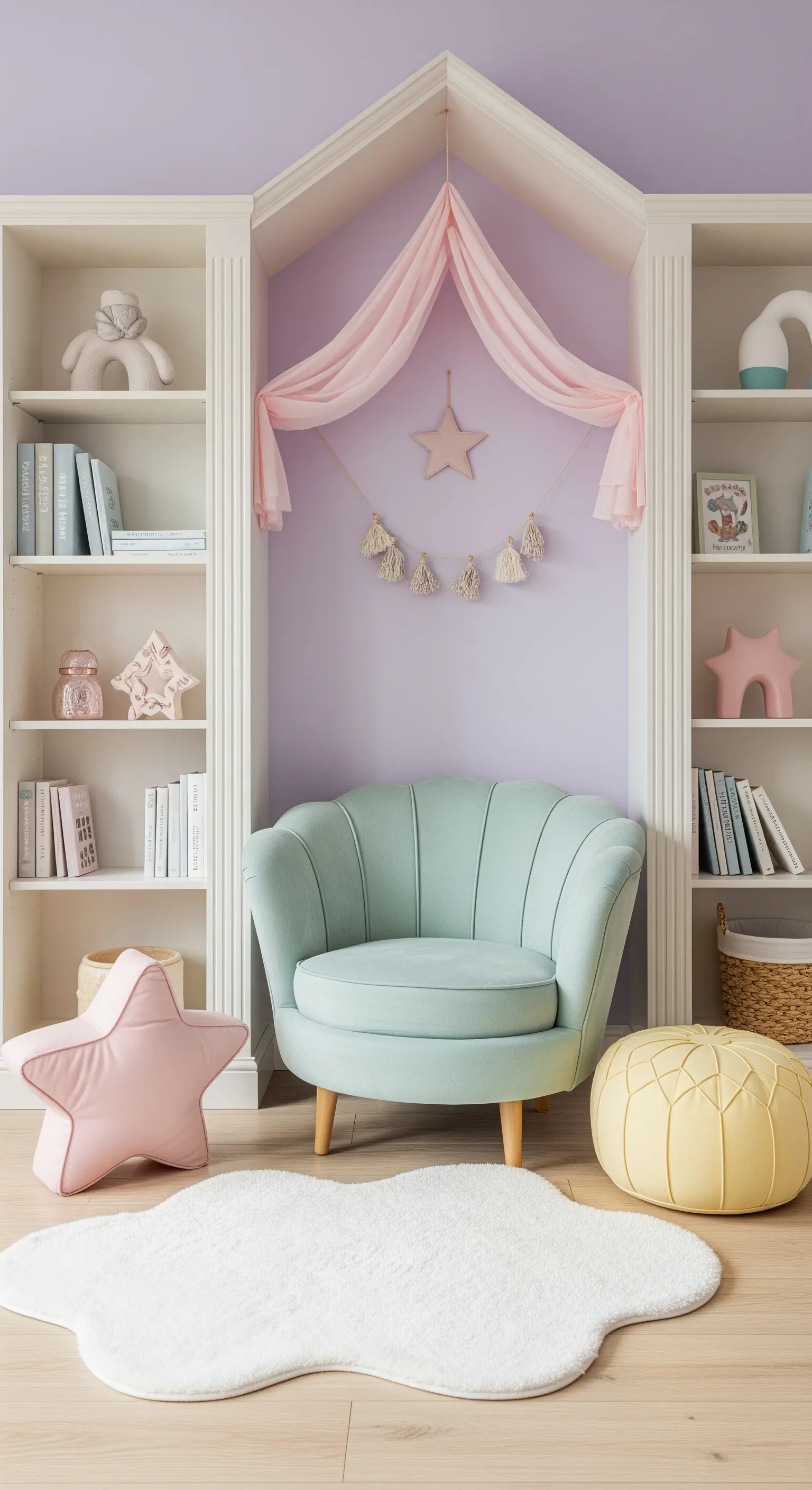 Angolo lettura per bambini con nicchia lilla, poltrona verde menta e baldacchino rosa.