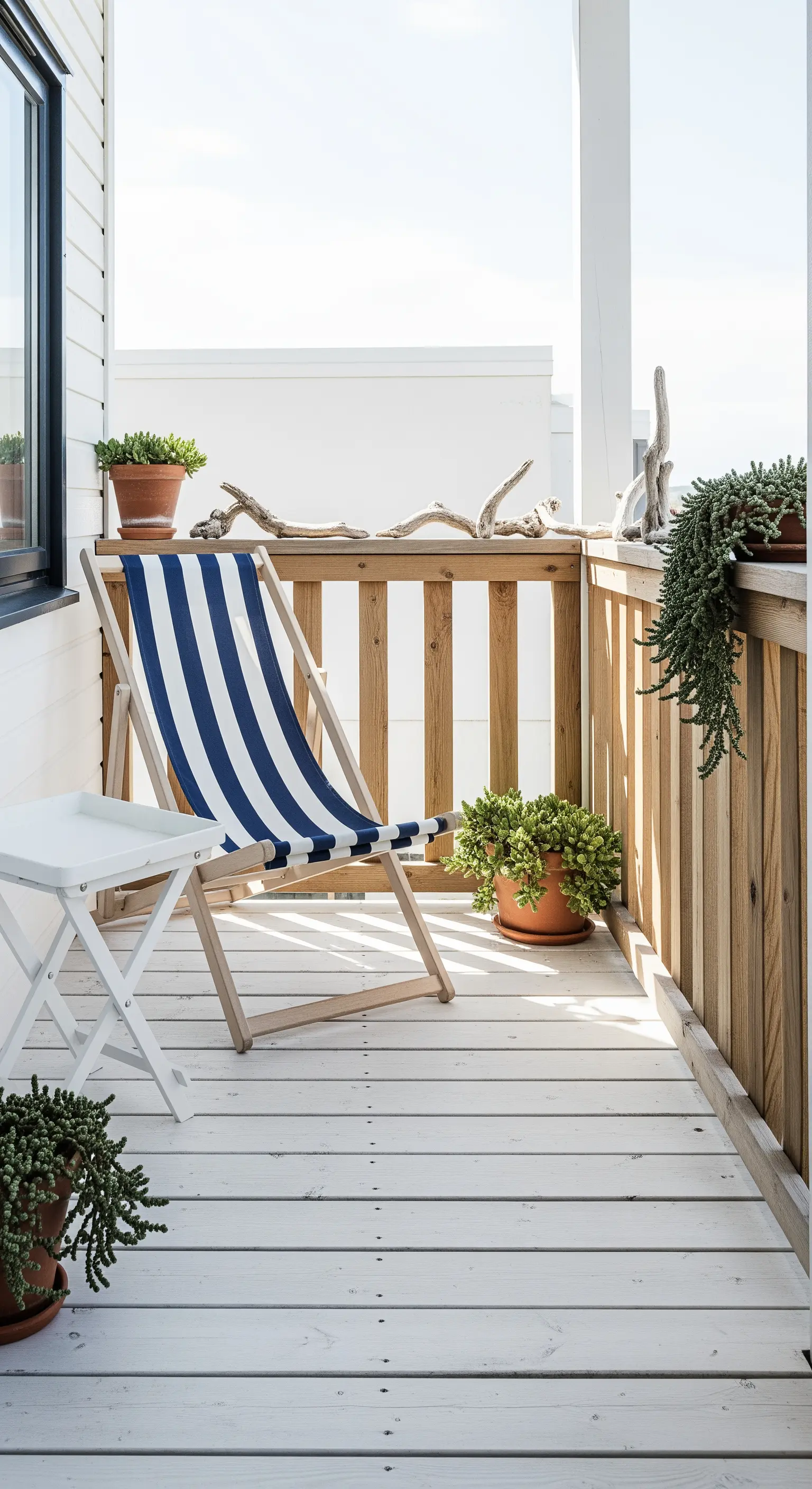 Balcone con pavimento in legno bianco, sedia a sdraio a righe blu e piante grasse.