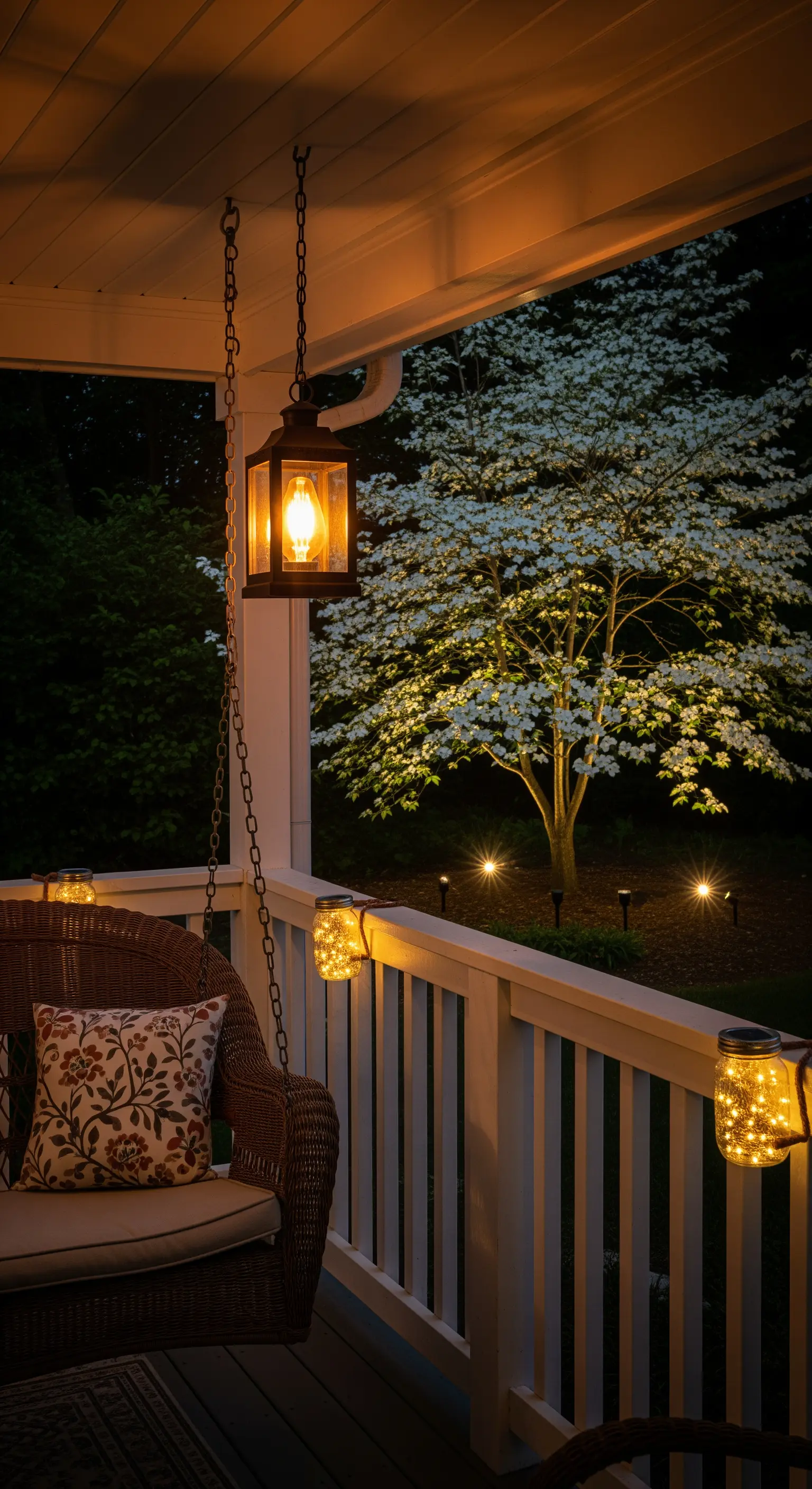 Portico con sedia a dondolo, una lanterna sospesa e piccole luci decorative sulla ringhiera.