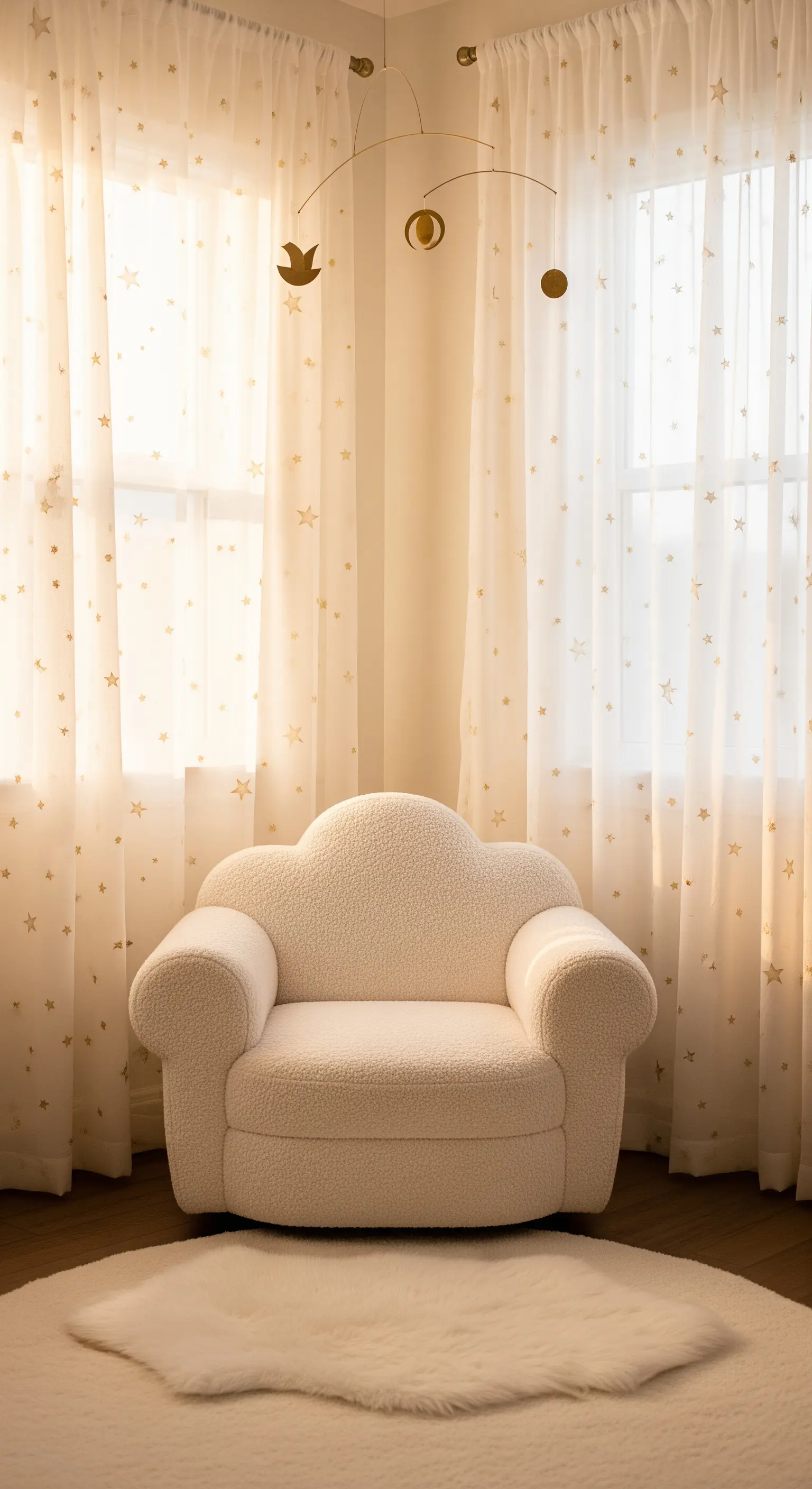 Poltroncina a forma di nuvola in tessuto bouclé in una cameretta con tende stellate.