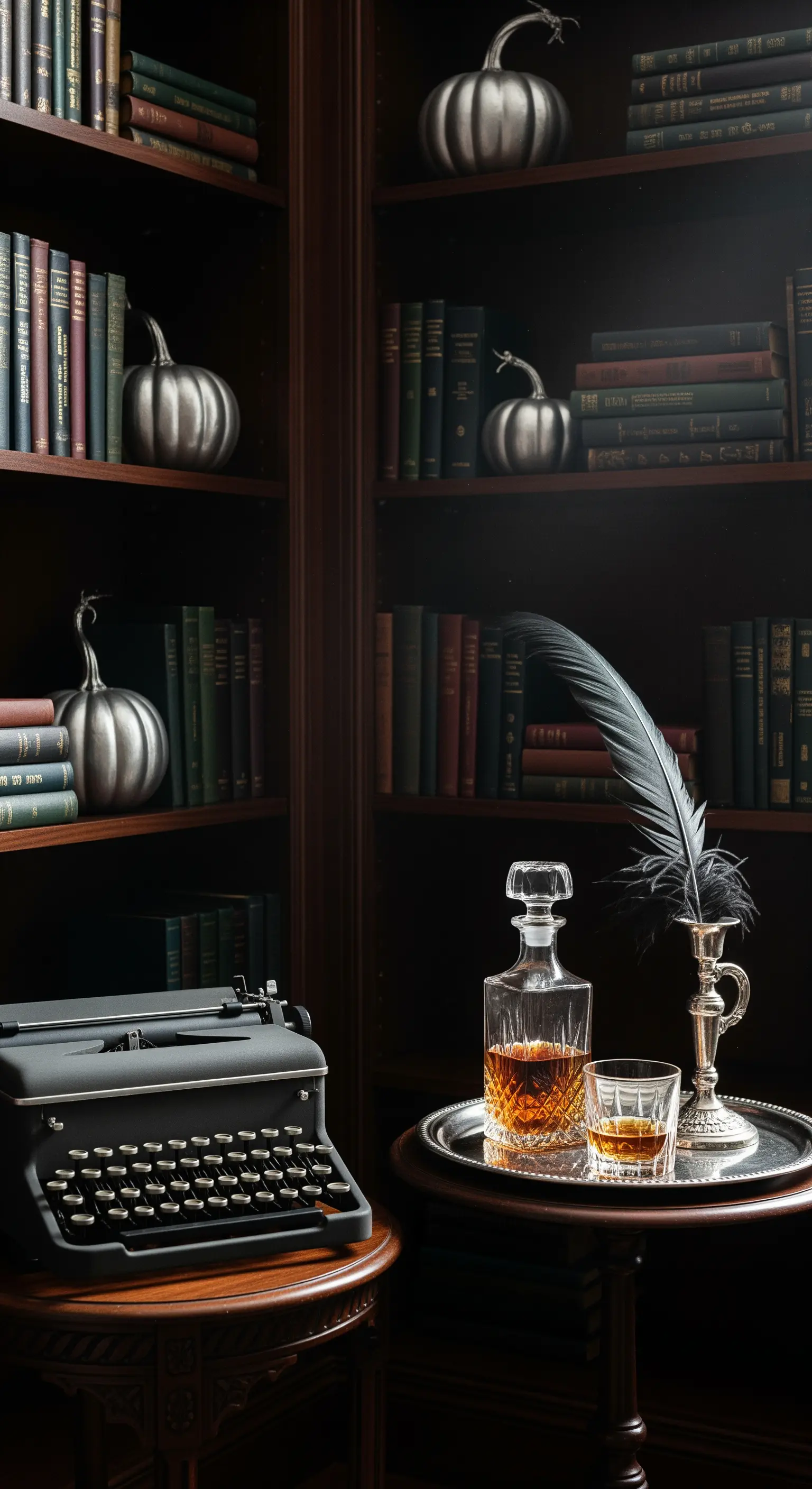 Angolo studio a tema Halloween con zucche color peltro, decanter e macchina da scrivere.