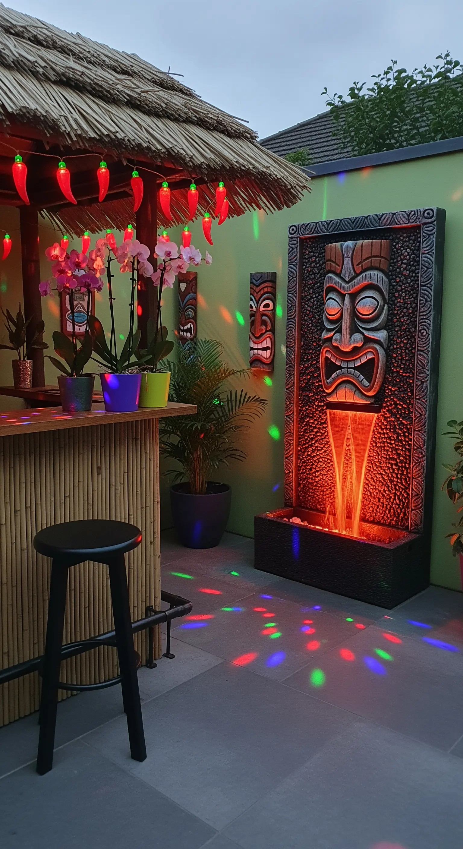 Angolo bar in stile tiki con tetto di paglia, maschere e una fontana a parete illuminata.