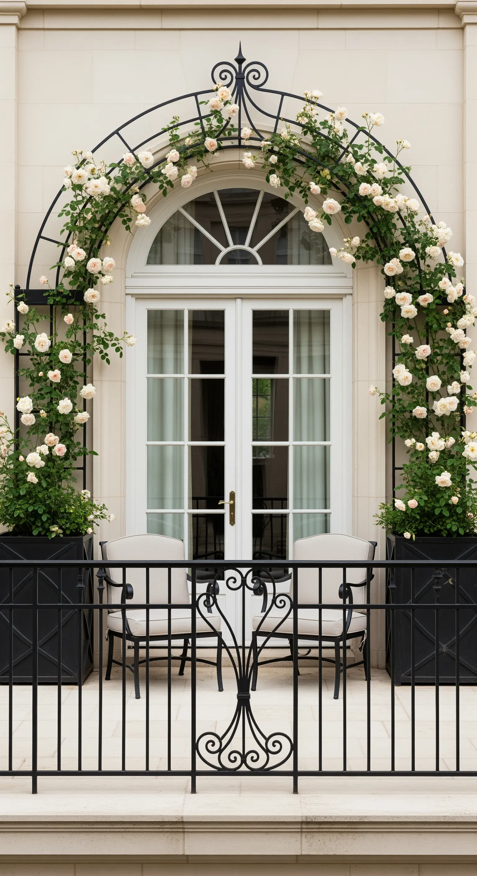 Balcone con porta finestra ad arco incorniciata da un traliccio in ferro con rose bianche.