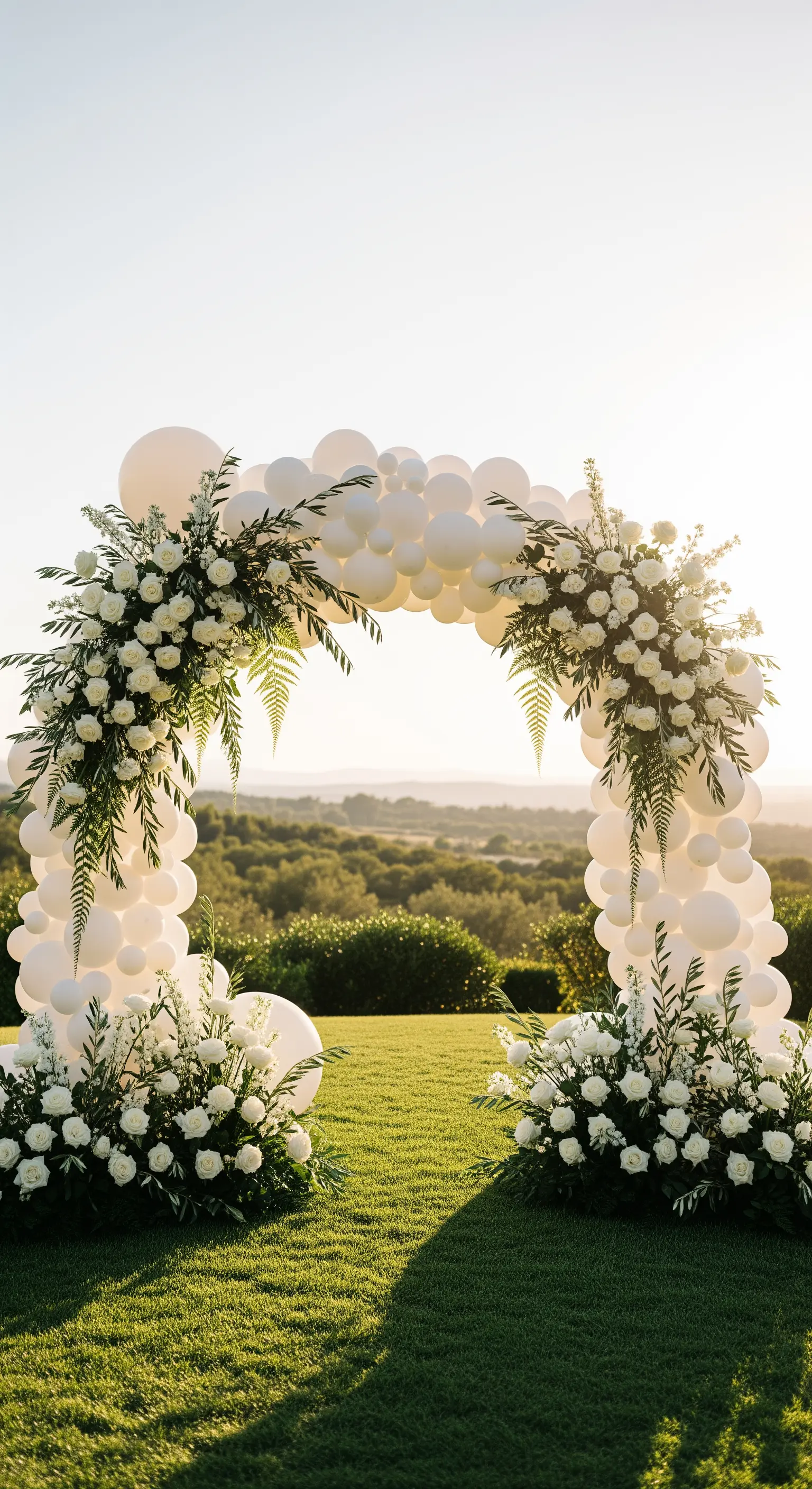 Arco nuziale all'aperto composto da palloncini bianchi e rose bianche al tramonto.