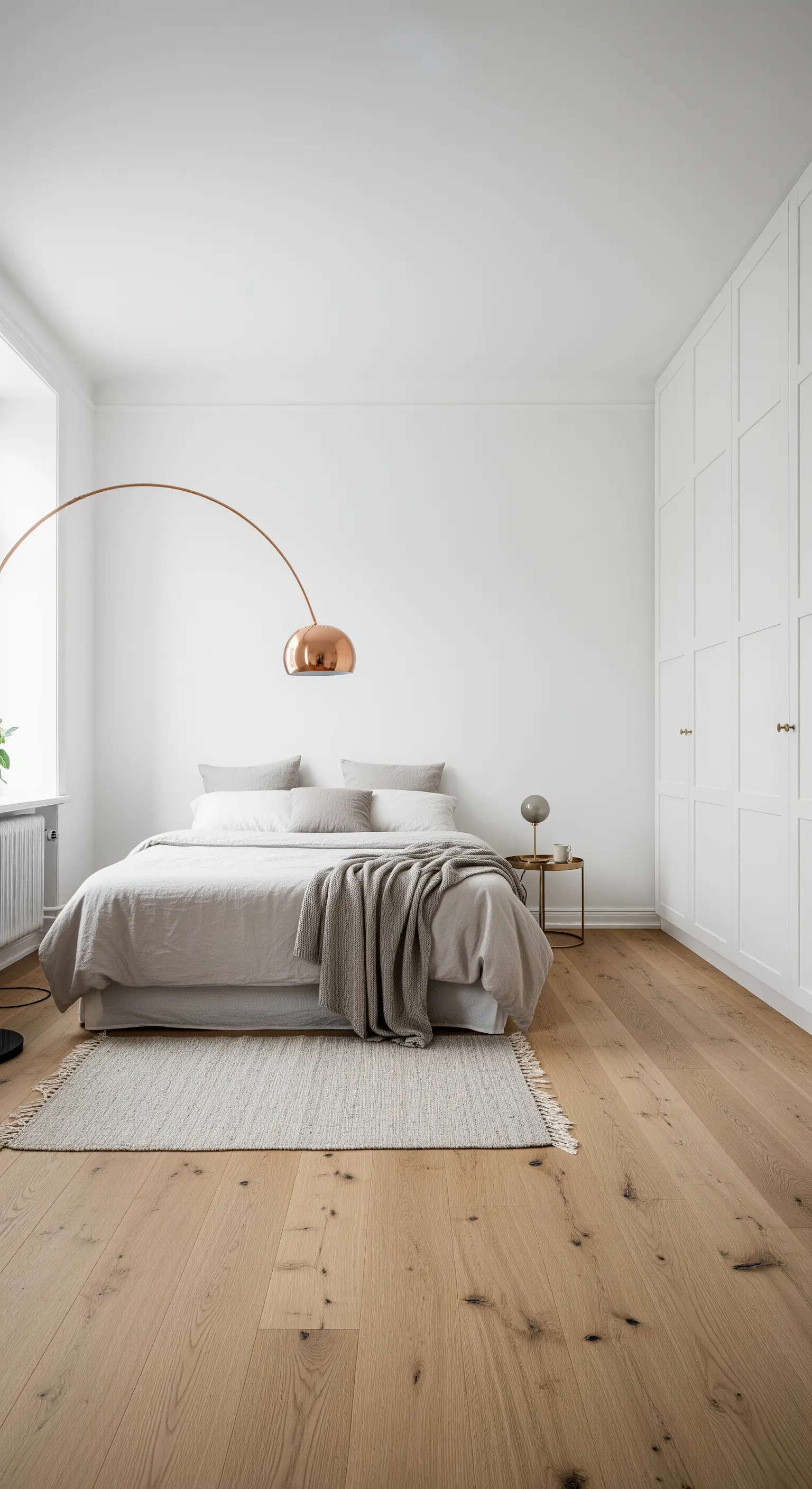 Lampada ad arco in rame in una camera da letto bianca e minimalista.