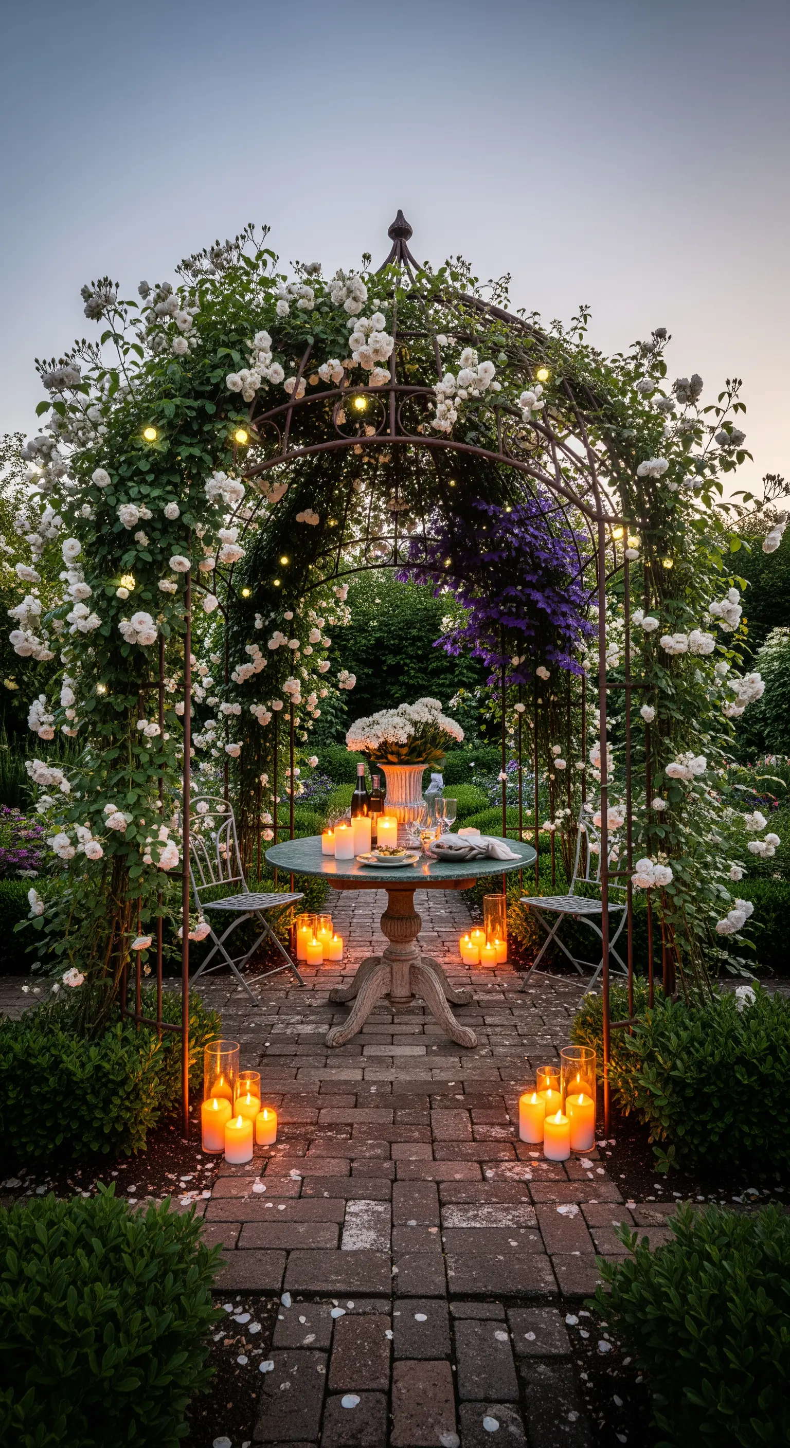 Tavolo rotondo sotto un gazebo ad arco ricoperto di rose bianche e illuminato da lucine e candele.