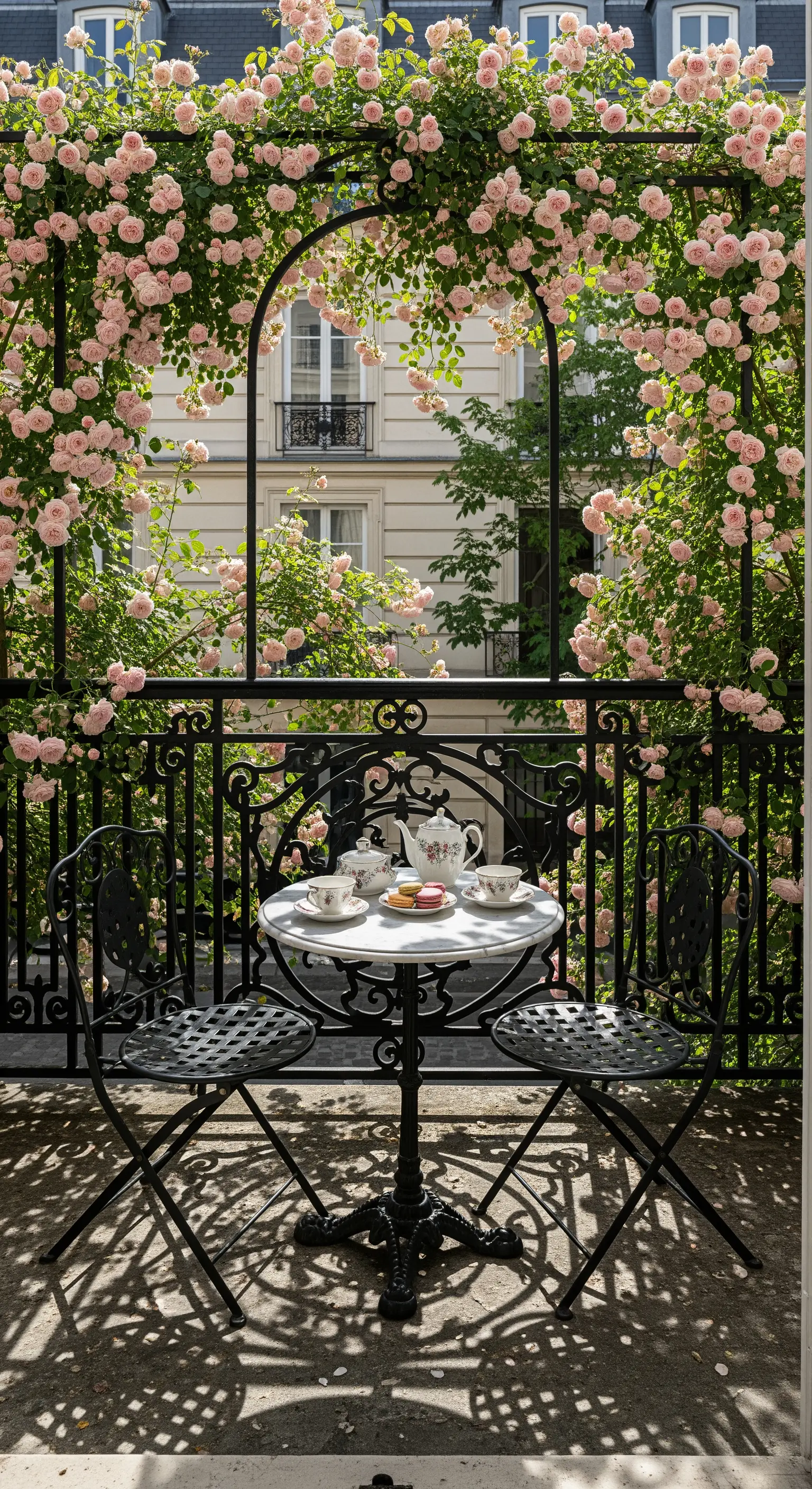 Balcone parigino con un arco di rose rosa e un set da bistrò in ferro battuto.