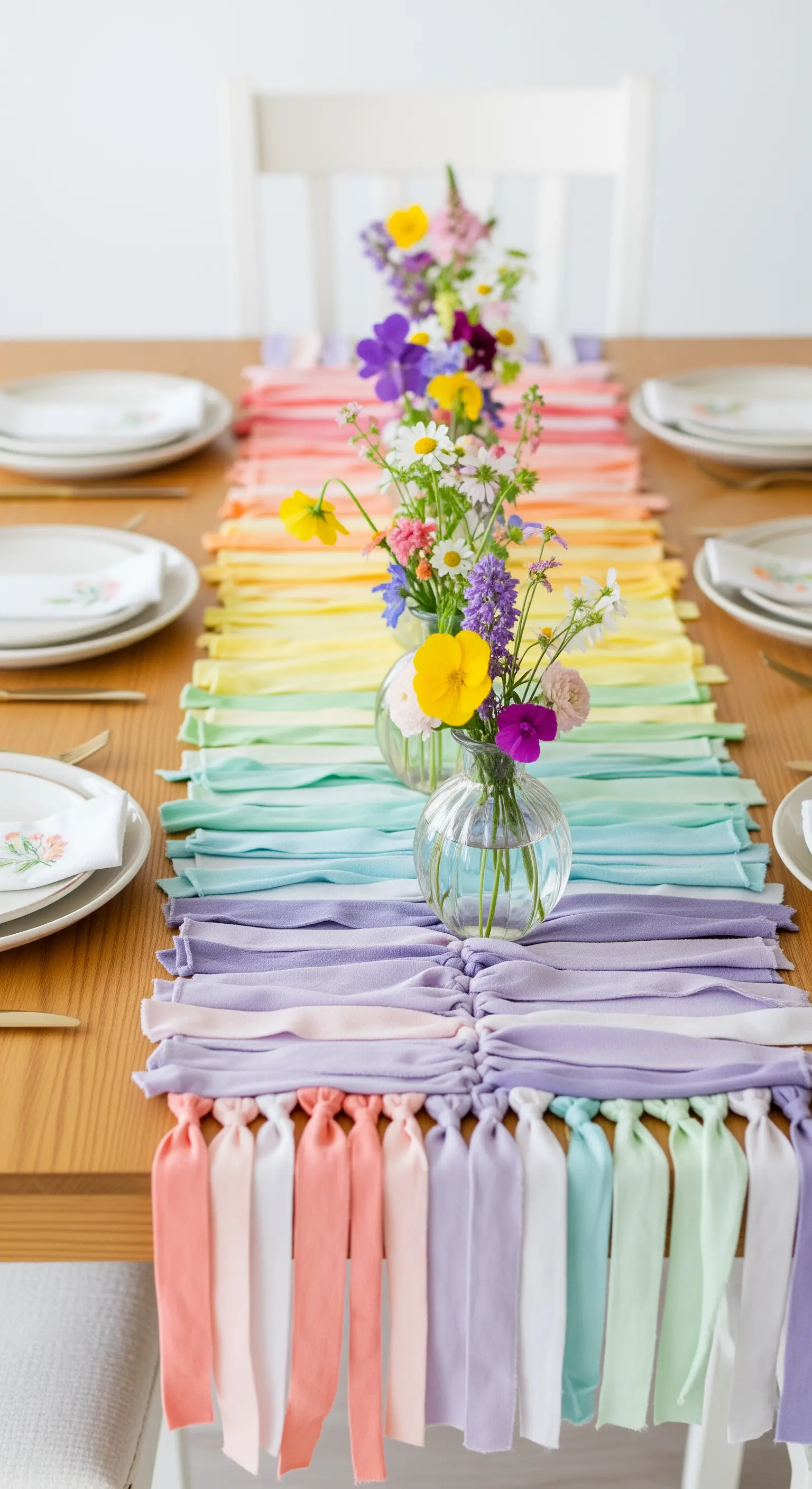 Runner fai-da-te realizzato con strisce di tessuto color arcobaleno su un tavolo di legno