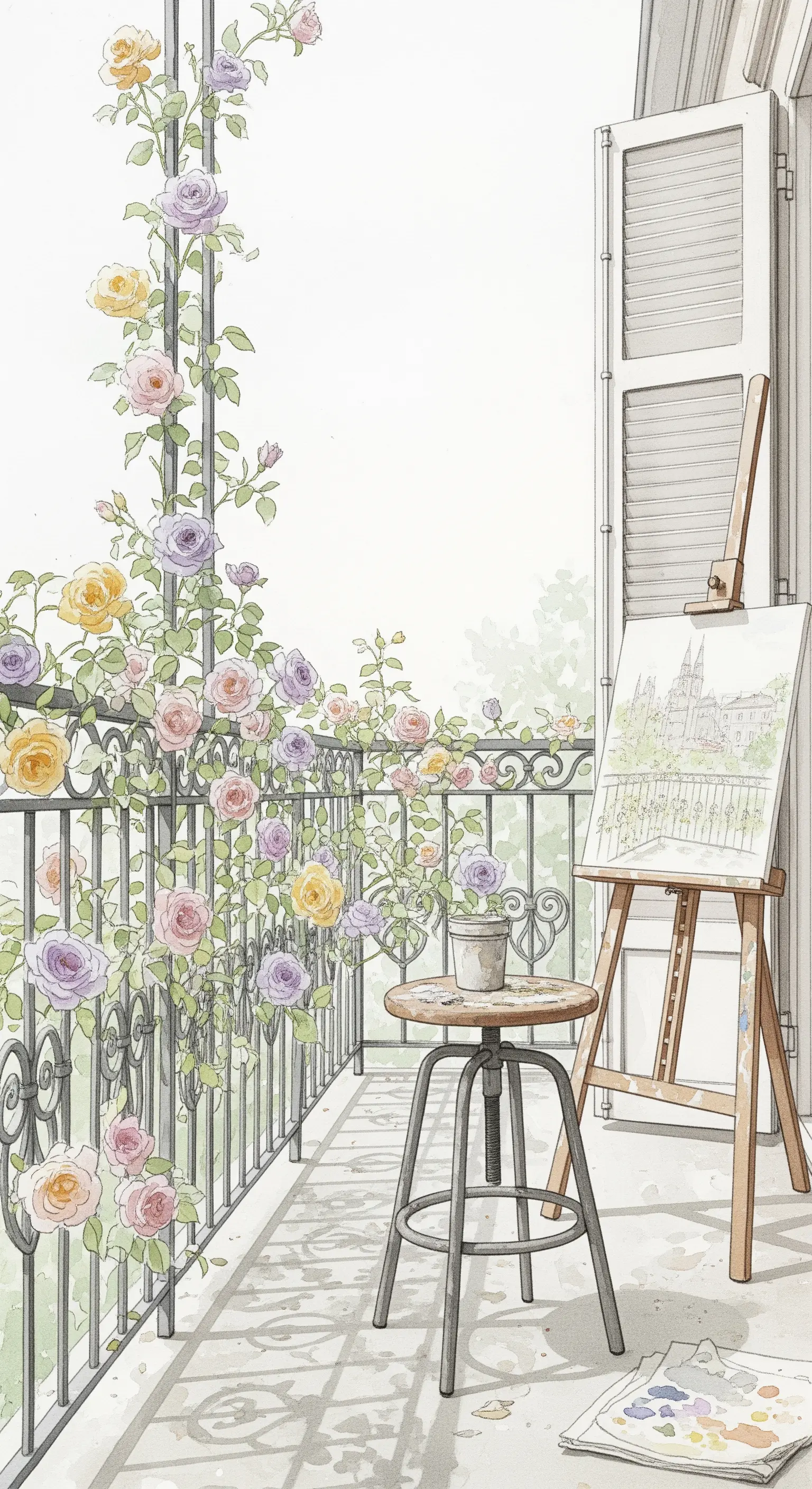 Disegno di un balcone con un cavalletto da pittore e rose colorate sulla ringhiera.