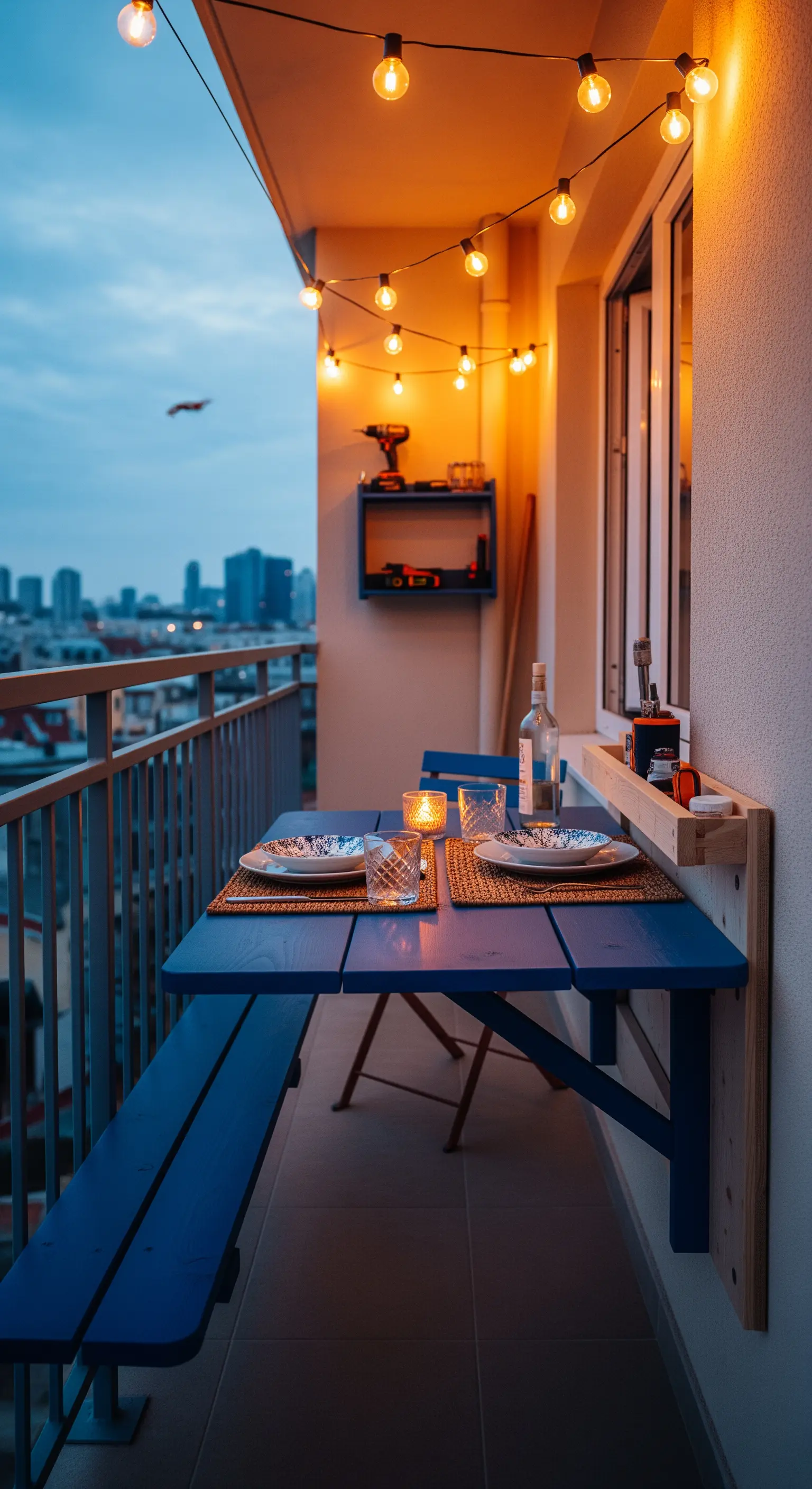 Tavolo e panca blu pieghevoli montati sulla parete di un piccolo balcone con vista sulla città.