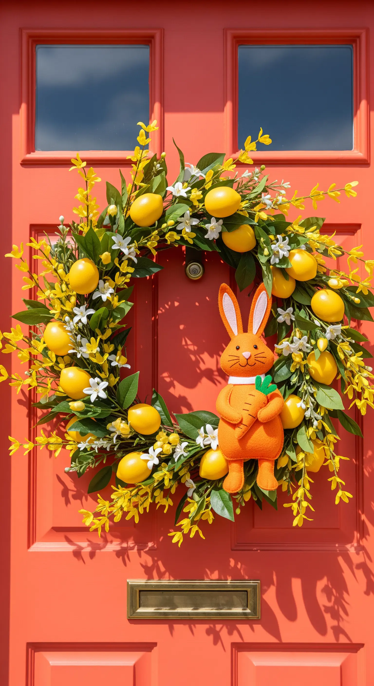 Ghirlanda pasquale con limoni gialli, fiori e un grande coniglio arancione.