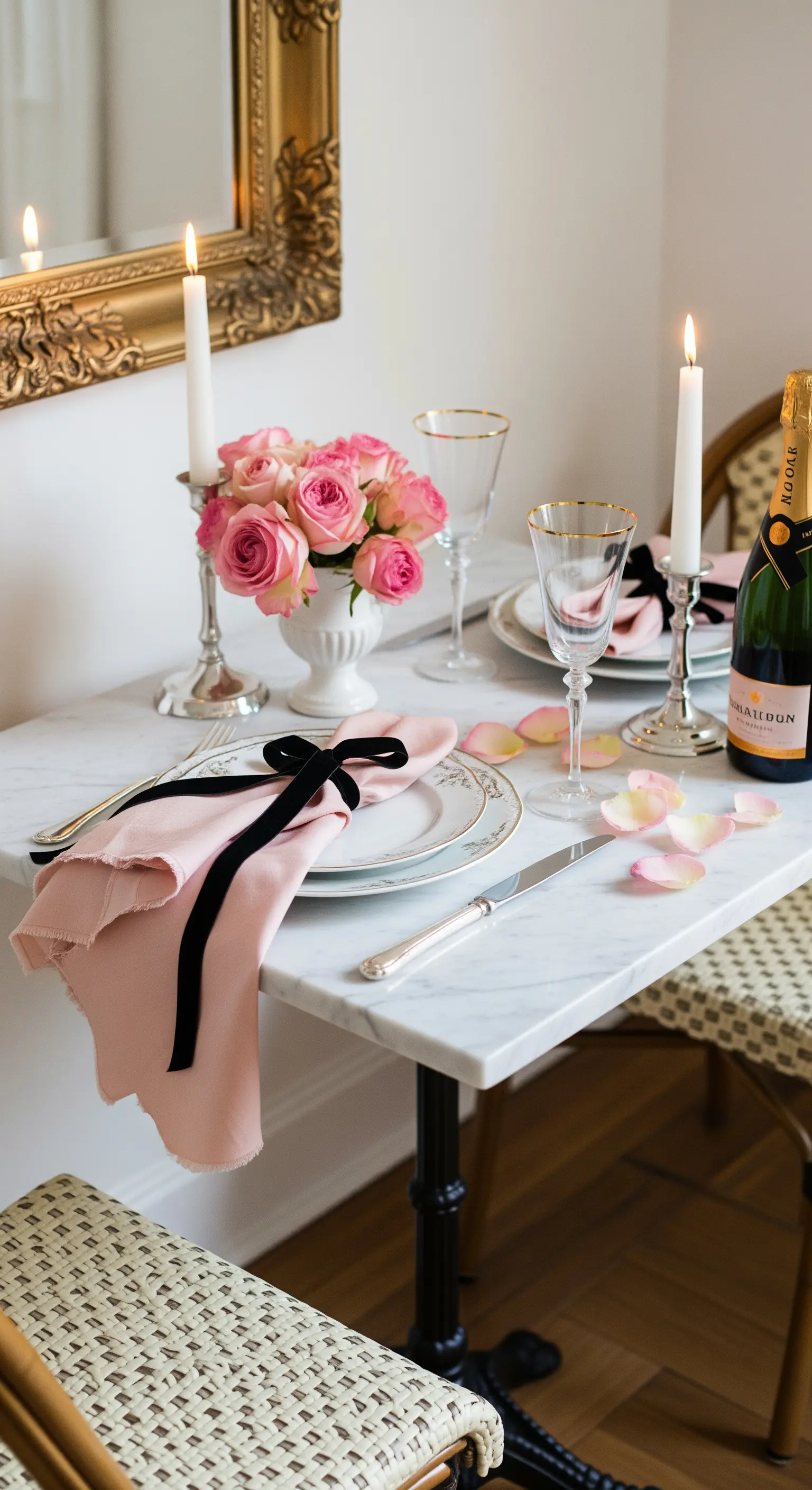 Tavolino da bistrot in marmo con rose rosa, champagne e un tovagliolo con fiocco nero