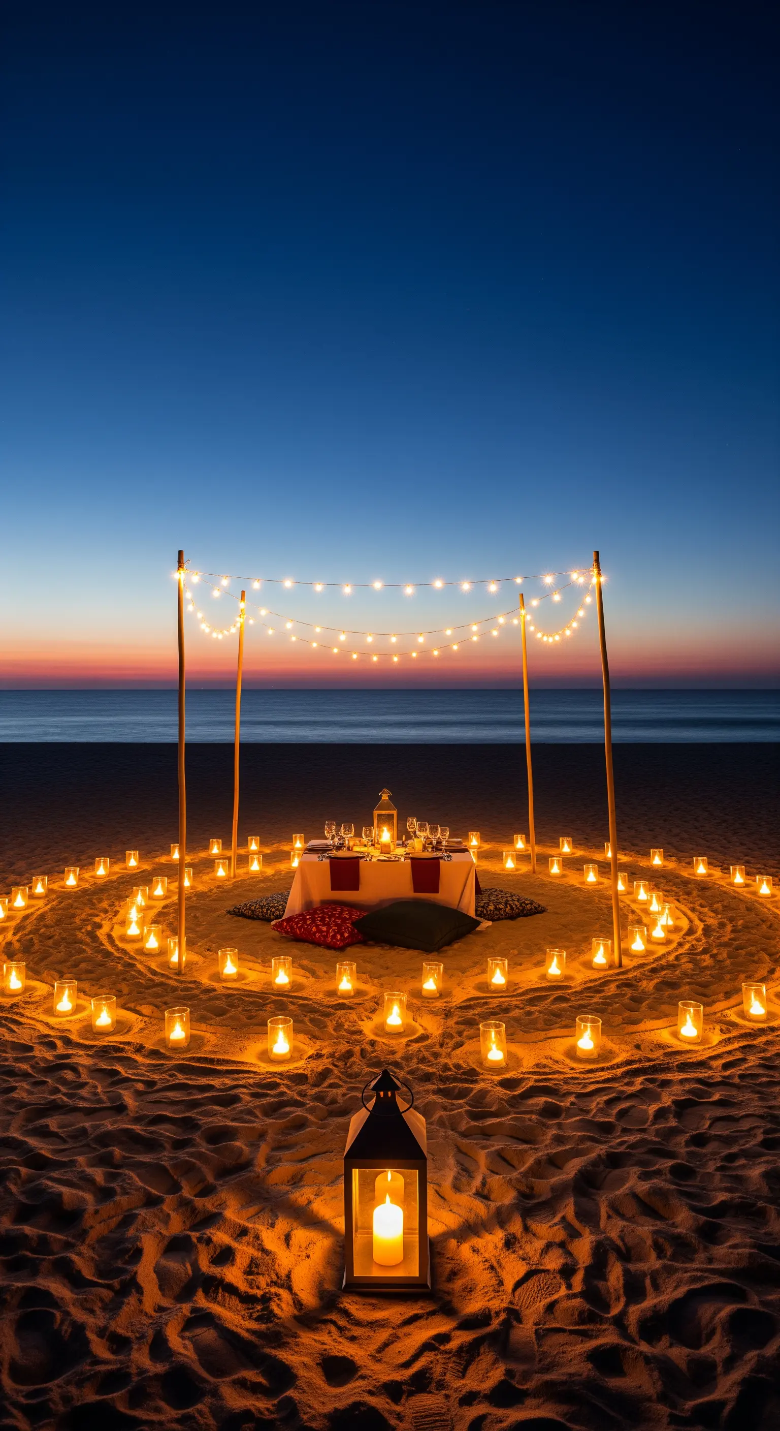 Cena romantica sulla spiaggia al tramonto, all'interno di un cerchio di candele.